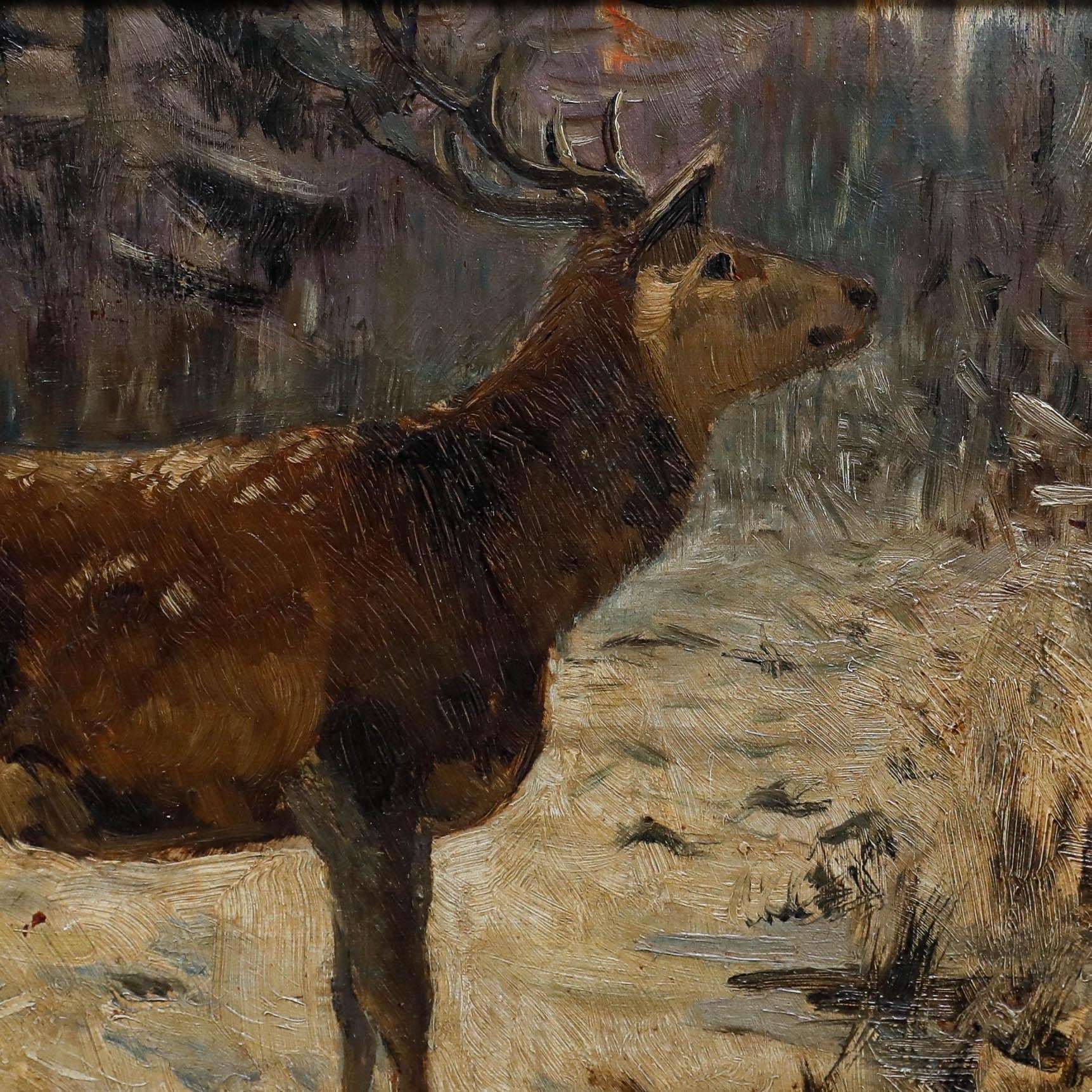Ein einsamer Hirsch steht in einem impressionistischen Winterwald, umgeben von schneebedeckten Bäumen. Nicht signiert. Gut präsentiert in einem verzierten Gold-Effekt-Rahmen mit einem blattförmigen Muster laufen. Beschriftet mit dem Titel und dem