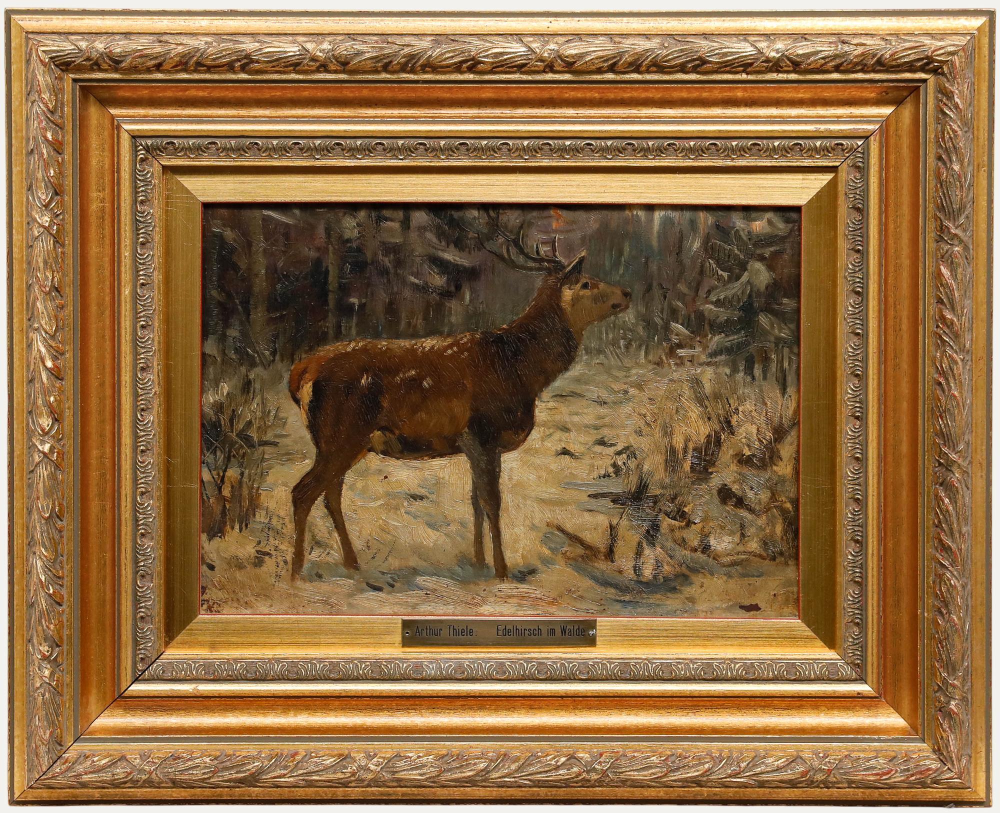 Unknown Animal Painting – Arthur Thiele (1841-1919) - Spätes 19. Jahrhundert Öl, Edelhirsch im Walde
