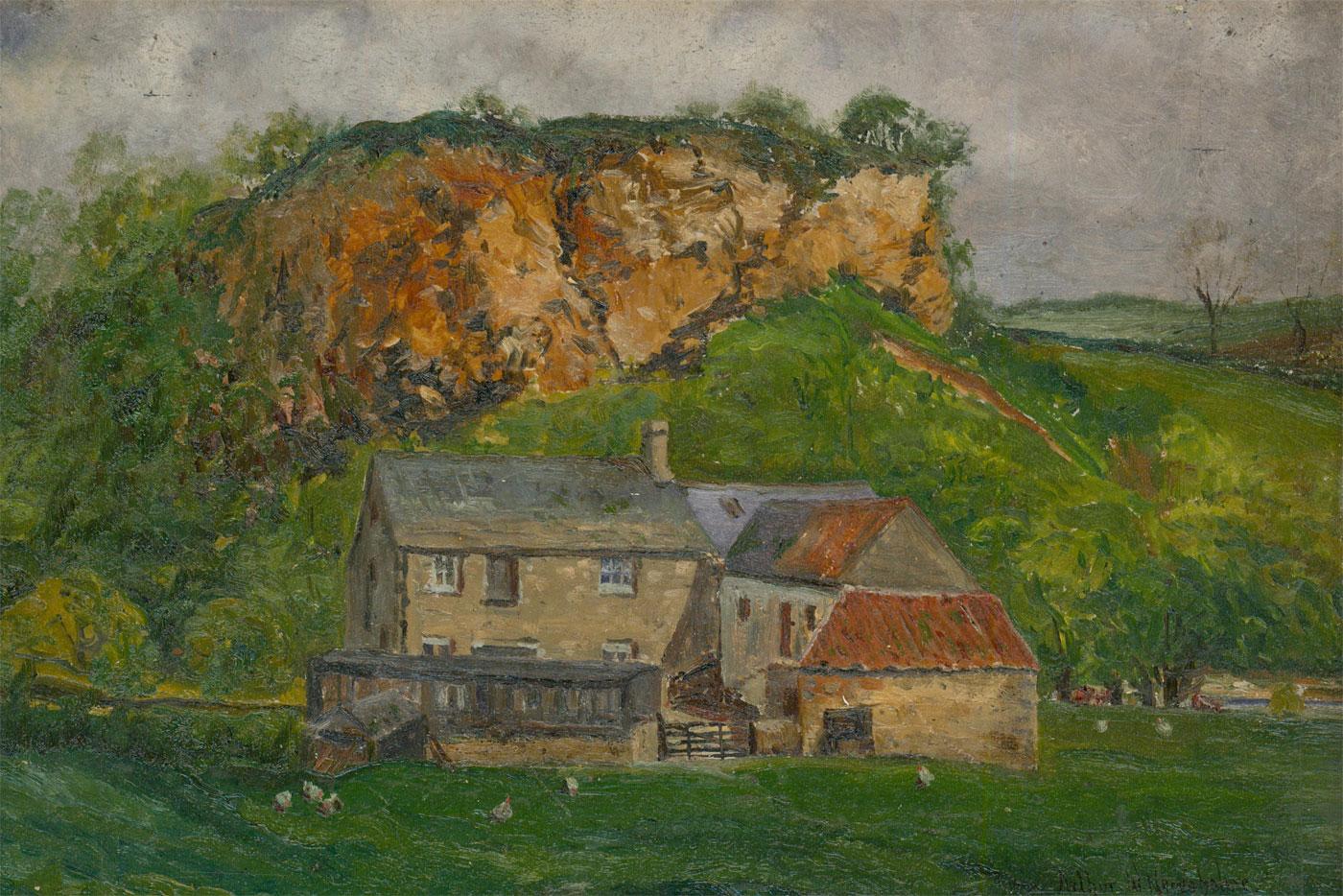 Unknown Landscape Painting - Arthur W. Newsholme - Early 20th Century Oil, Farmstead before Rocky Cragg