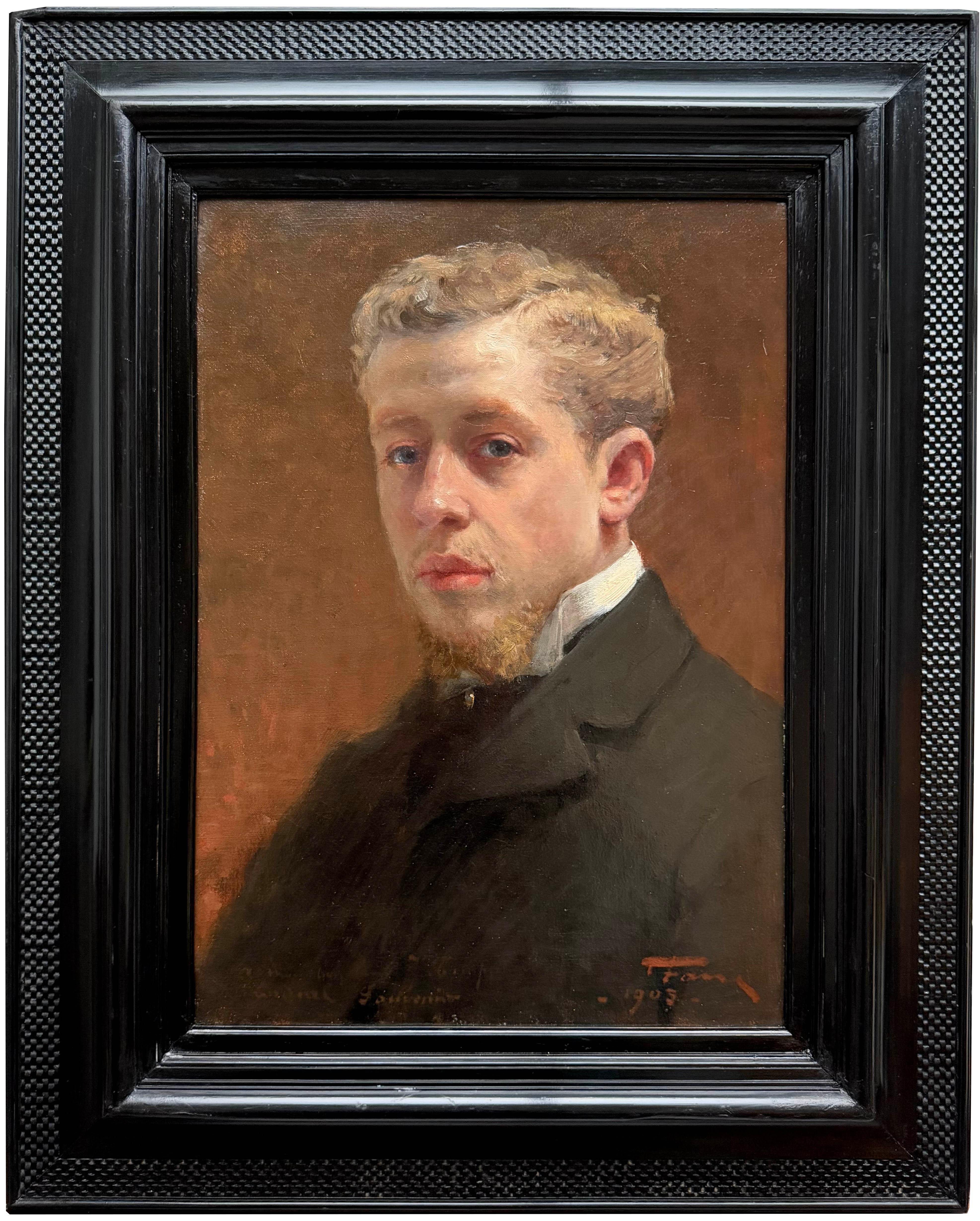 Unknown Portrait Painting – Porträt eines Mannes im schwarzen Mantel" - signiert und datiert 1903 "T Frans".