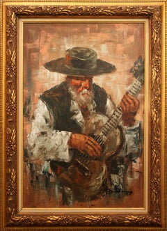artist unknown (signed illegibly); Man with Guitar; oil on canvas