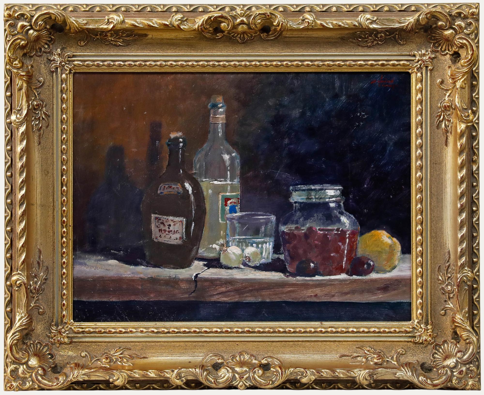 Unknown Still-Life Painting - Arvind Limaye - Framed 20th Century Oil, Study of Glass Bottles & Fruit