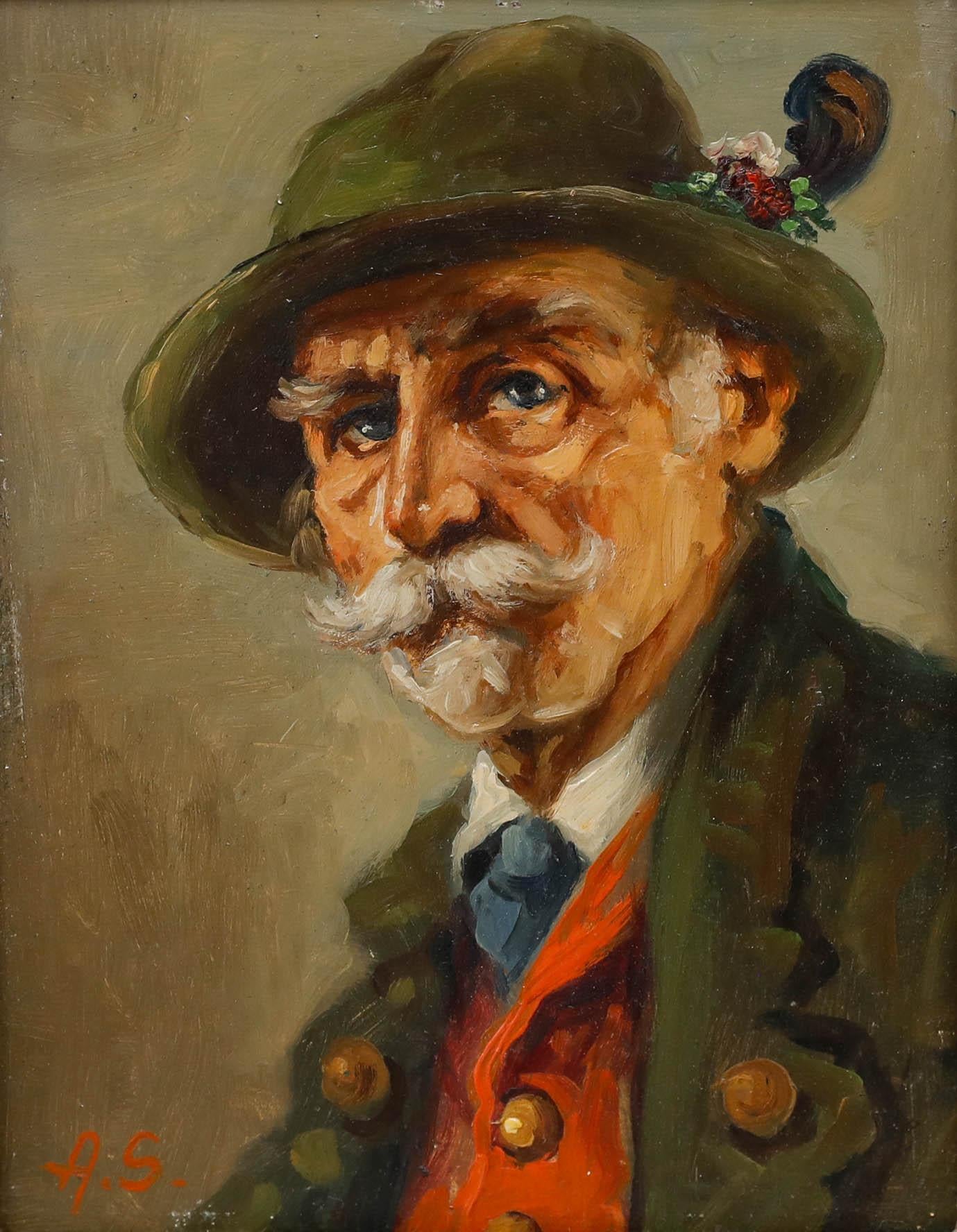 A.S - Olio di German School della metà del XX secolo, Uomo in Tracht - Painting di Unknown