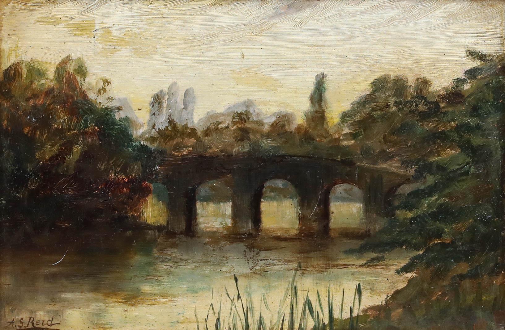 A.S. Reid - Gerahmtes Öl des späten 19. Jahrhunderts, Brücke in der Dämmerung – Painting von Unknown