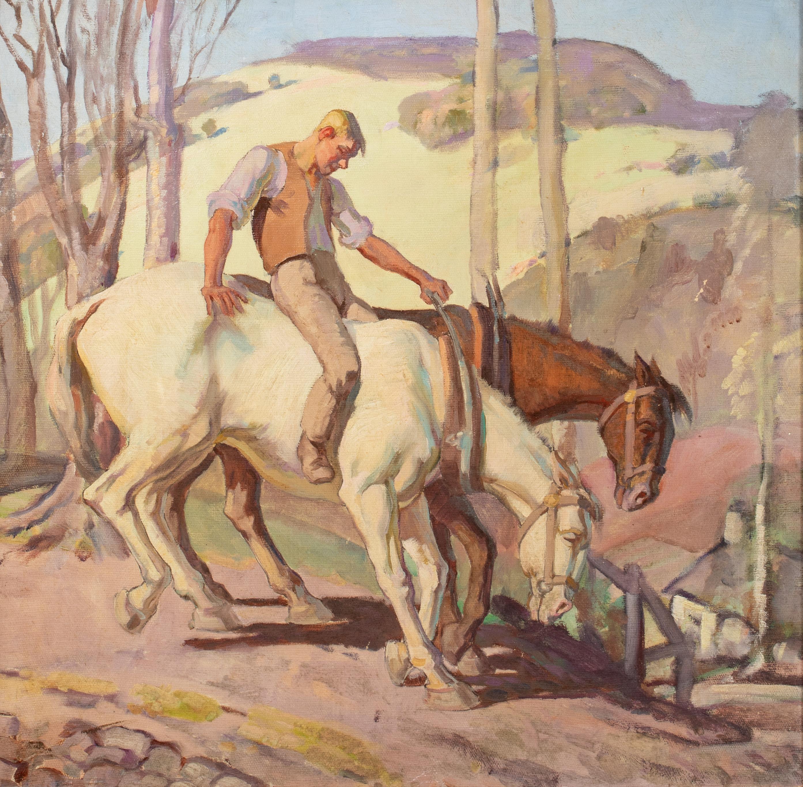 Mentre il giorno si chiude, inizio del XX secolo  scuola di Sir Alfred MUNNINGS (1878-1959) - Animal Painting Marrone di Unknown