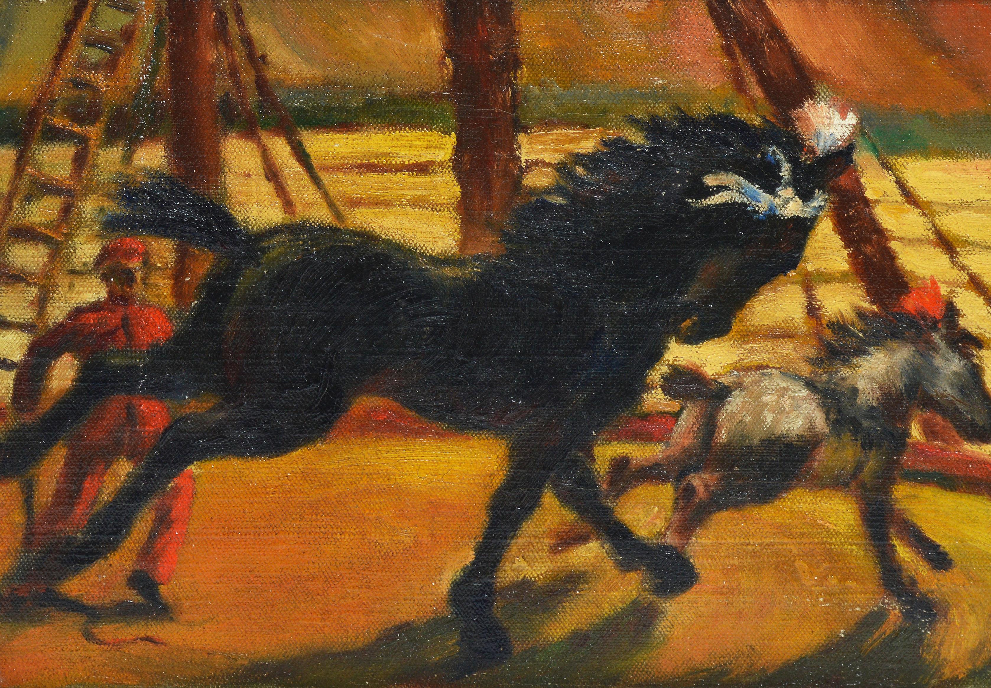 Ashcan Circus View, Training Horses - Brown Animal Painting by Unknown