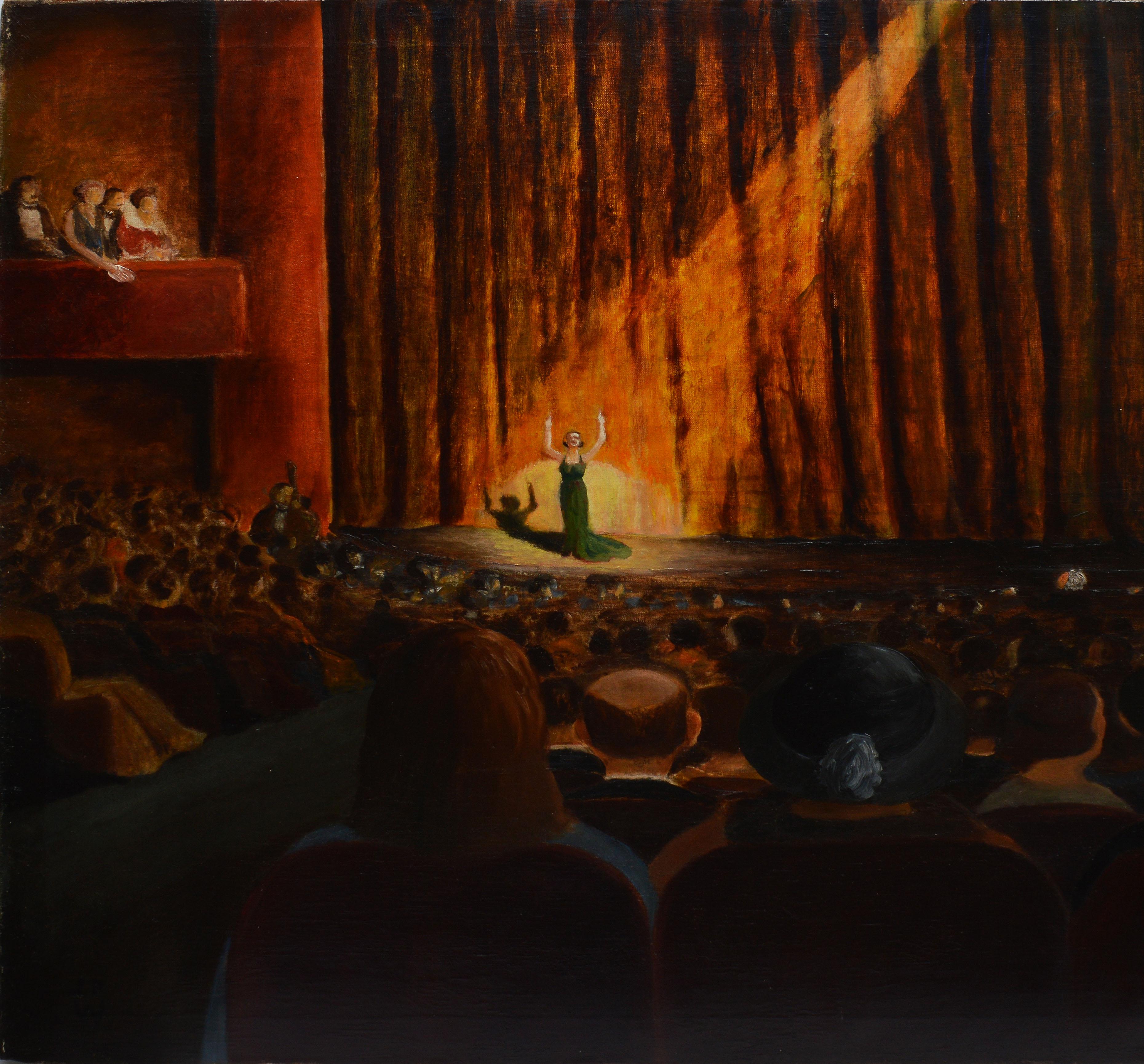 American modernist school, view of the theatre.  Oil on canvas, circa 1920.  Signed in monogram lower left with an exhibition label verso.  Unframed.  Image size 40