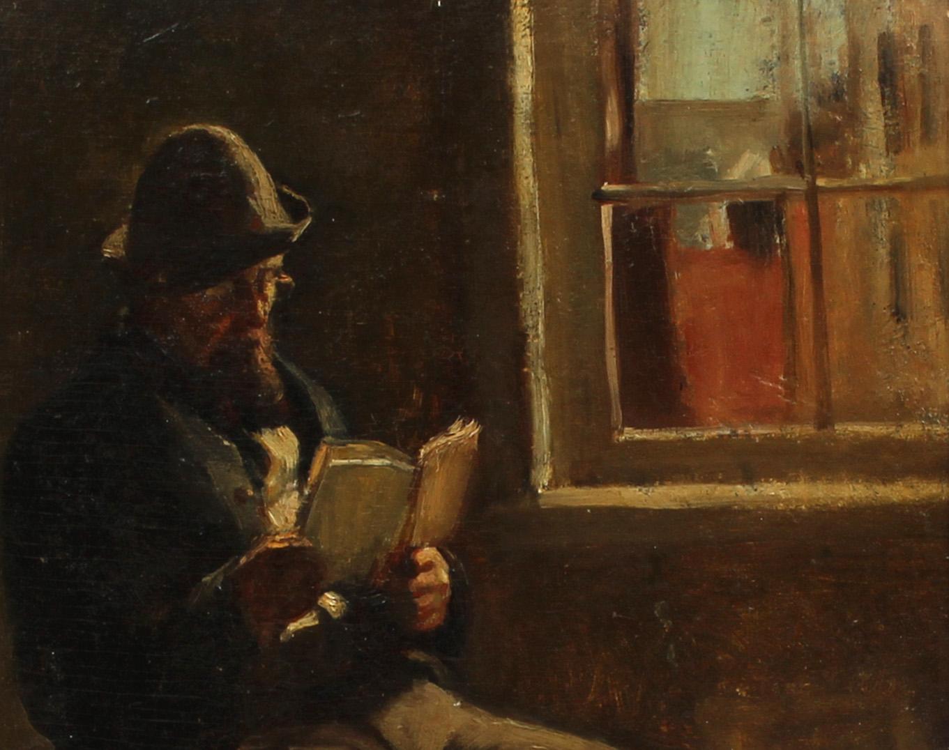 A gorgeous early 20th Century ashcan school painting depicting a man in period clothes reading by the light of a window.  Just outside the light dappled room and scene an intriguing cityscape.

The painting is in excellent original condition and