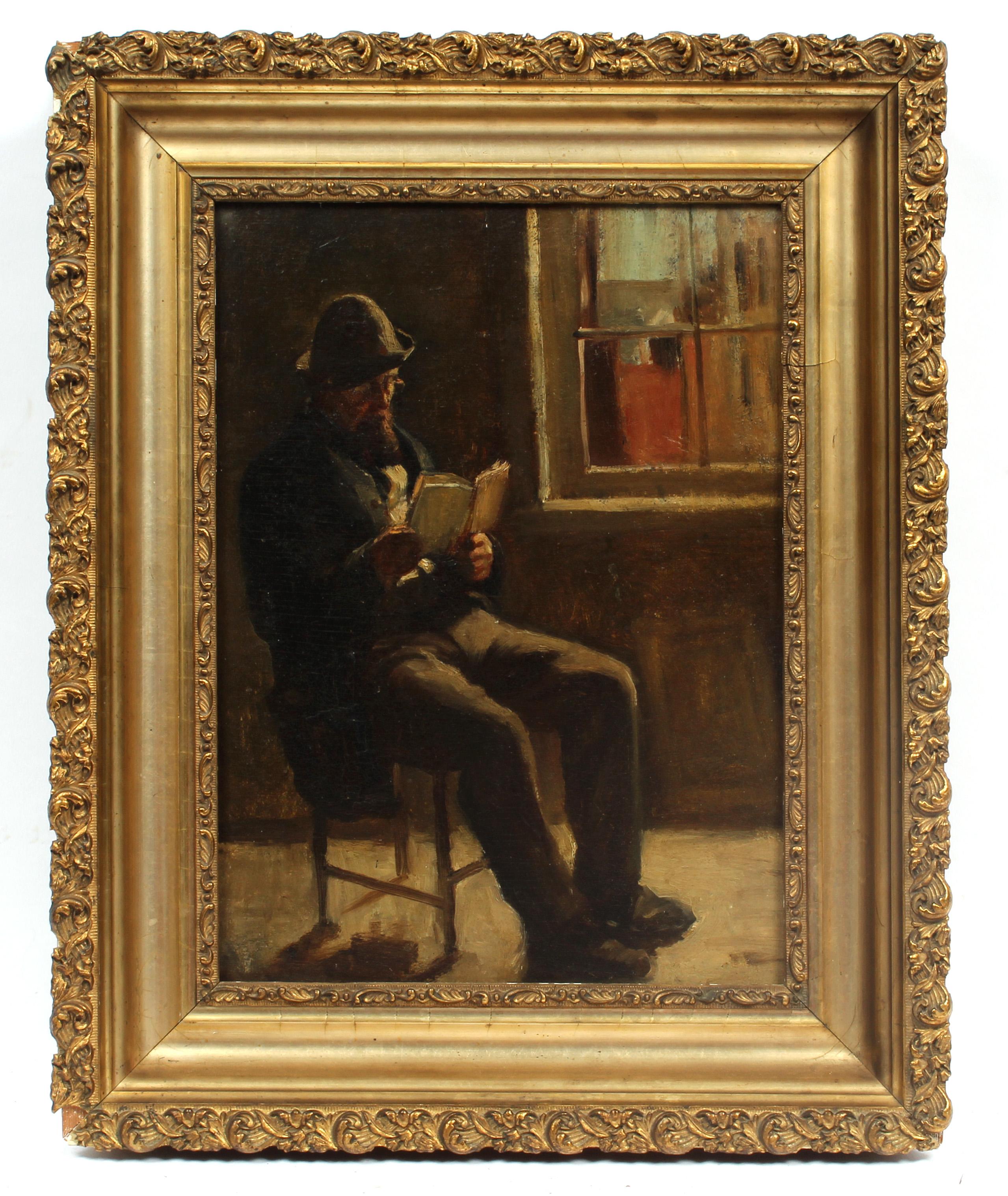 Unknown Interior Painting - Ashcan School Oil Painting Portrait Man Interior Cityscape Gold Framed New York