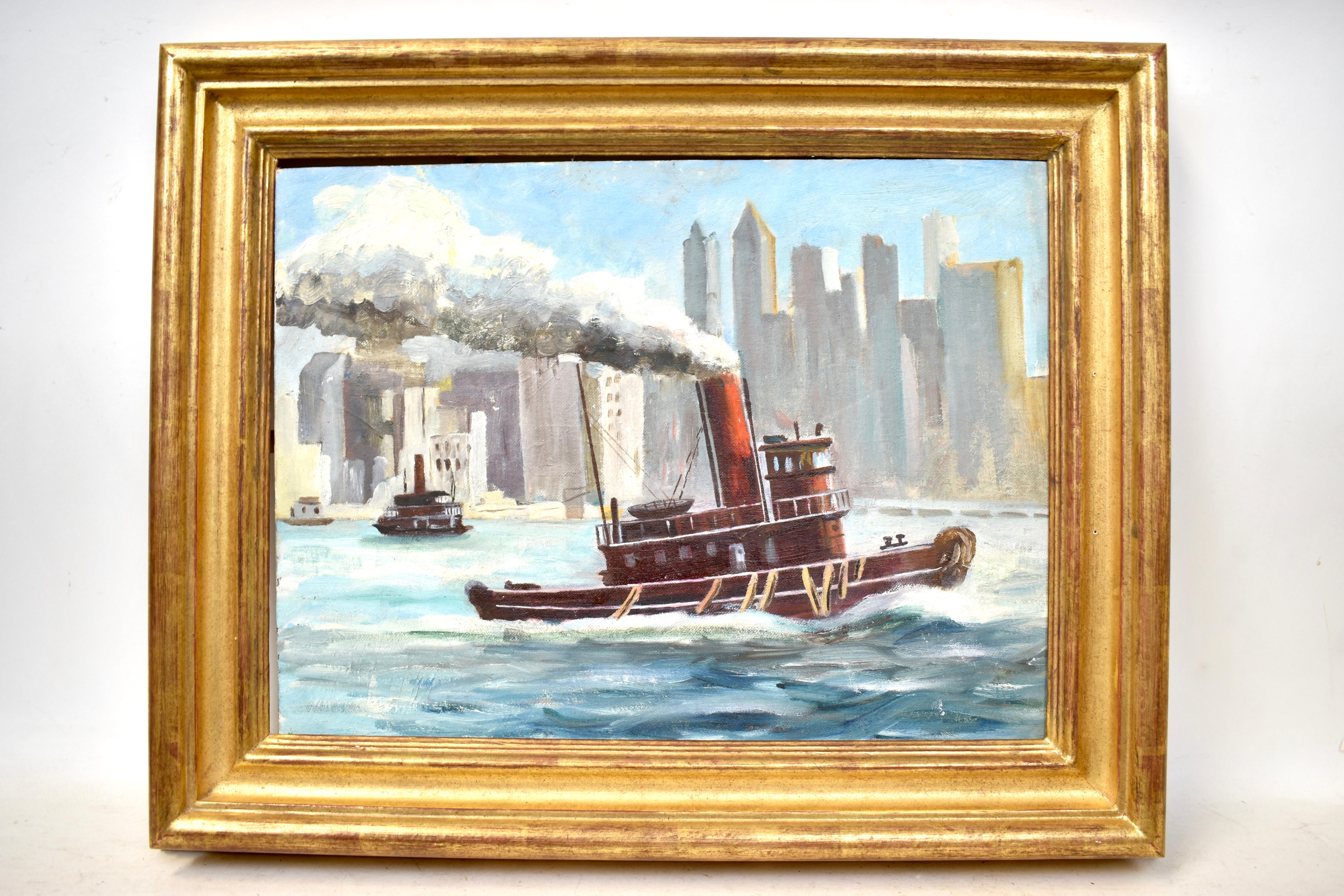 Ashcan School View of New York City Harbor with a Tugboat Original Oil Painting - Beige Landscape Painting by Unknown