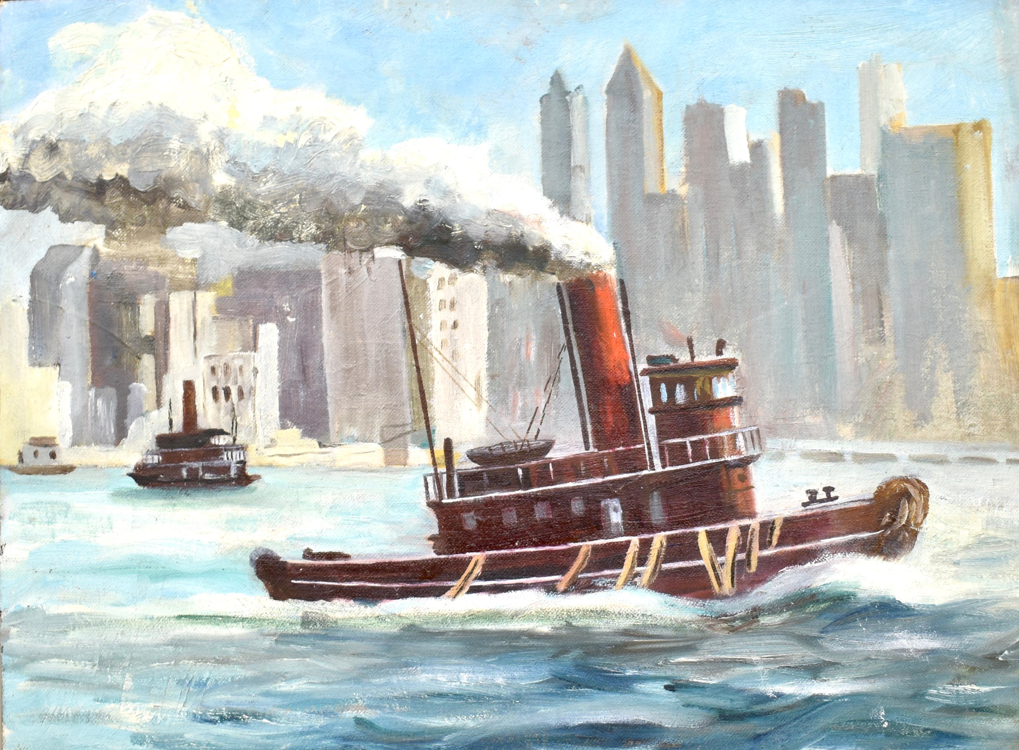 Modernist view of New York City with a TugBoat.  Oil on board, circa 1930.  Unsigned.  Displayed in a giltwood frame.  Image size, 16