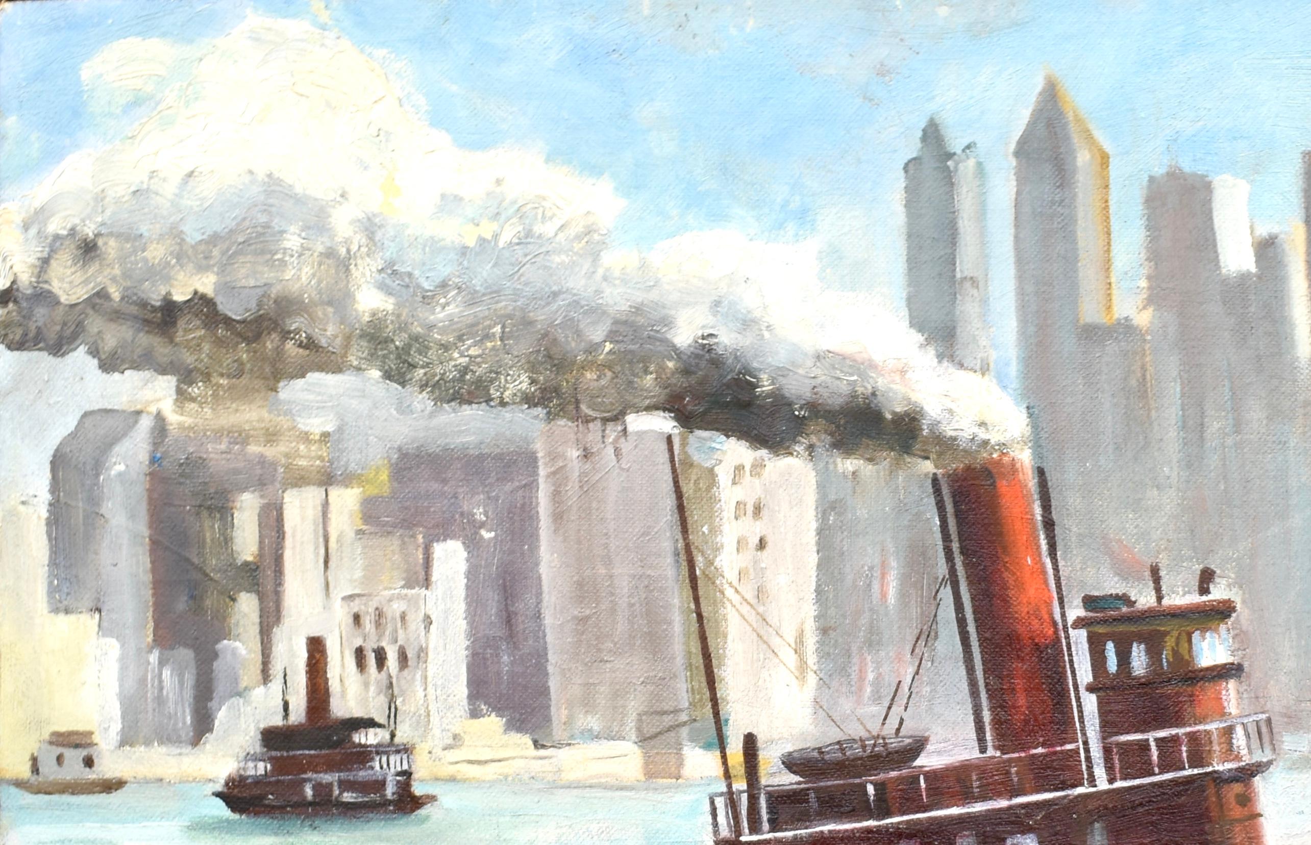 Ashcan School View of New York City Harbor with a Tugboat Original Oil Painting 1