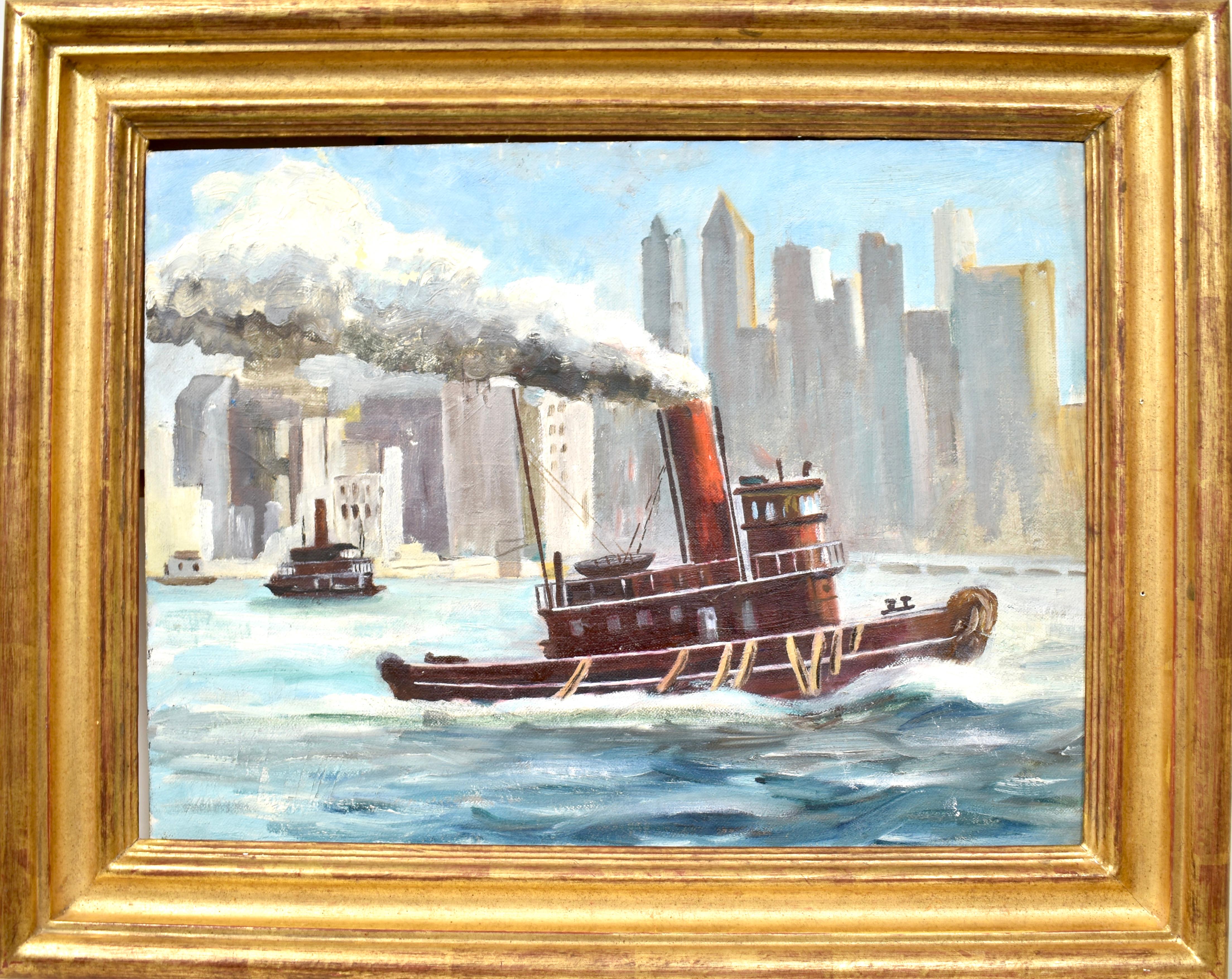 Unknown Landscape Painting - Ashcan School View of New York City Harbor with a Tugboat Original Oil Painting