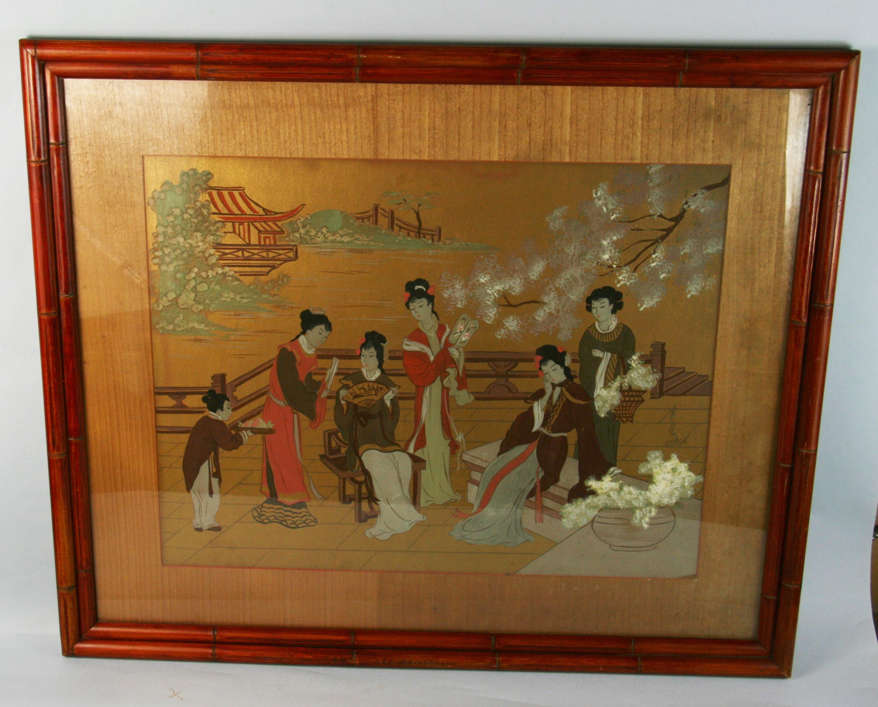 Unknown Figurative Painting - Japanese  Gouache Painting Of a Family Gathering