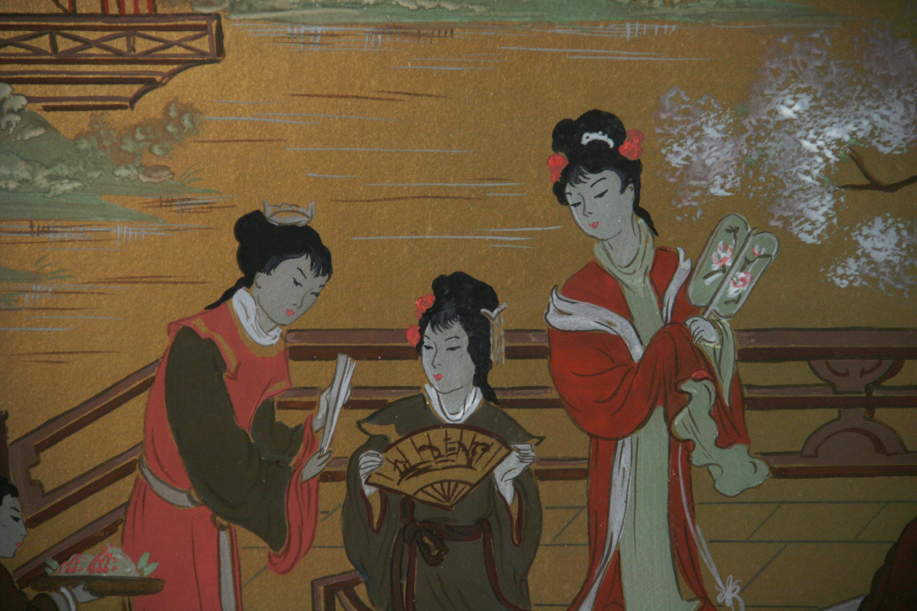Japanese  Gouache Painting Of a Family Gathering - Brown Figurative Painting by Unknown