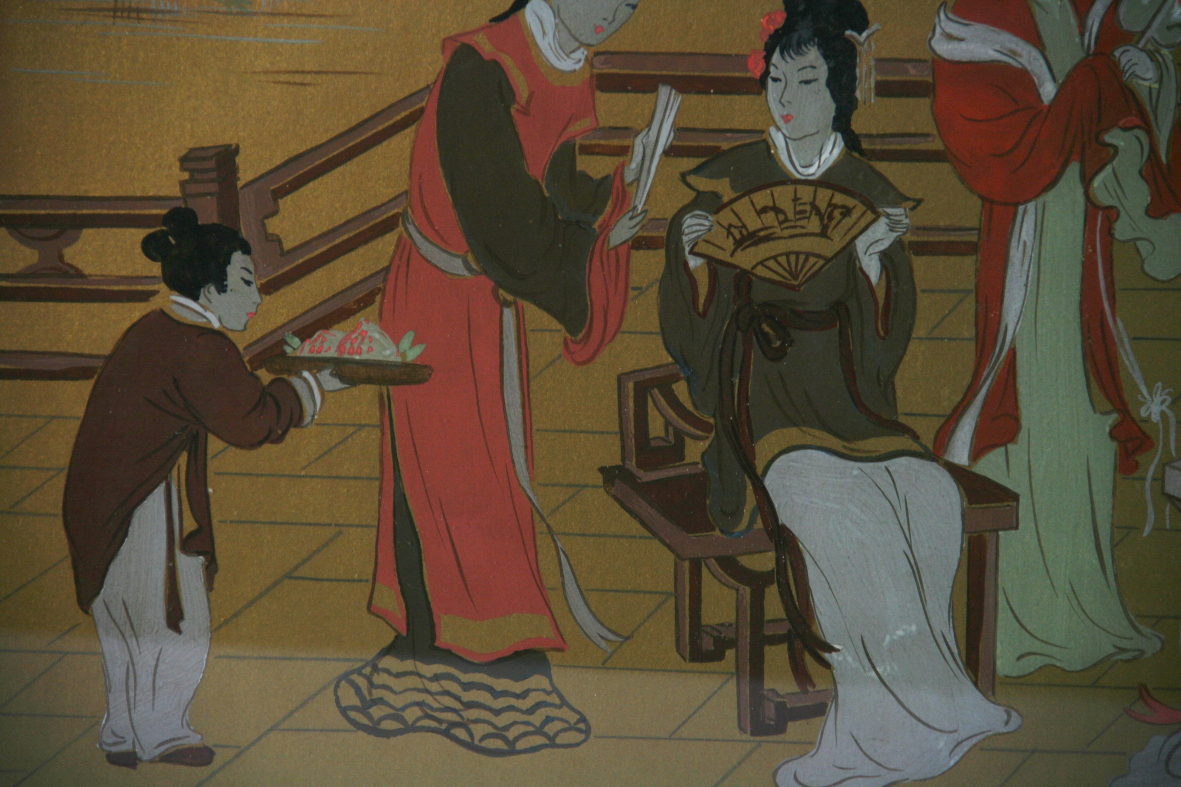 Japanese  Gouache Painting Of a Family Gathering 1