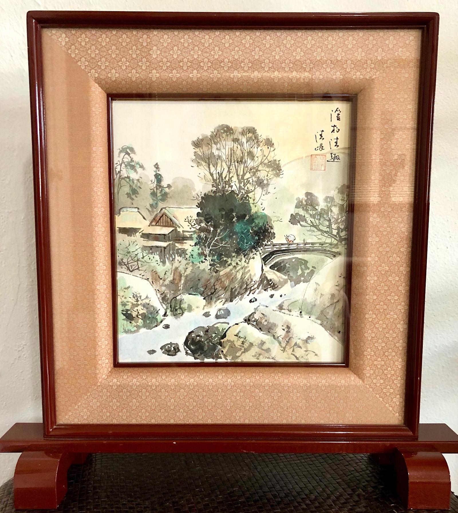 Unknown Landscape Painting - Asian Landscape Watercolor, Framed on Stand
