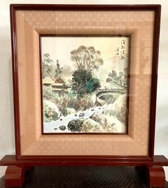 Asian Landscape Watercolor, Framed on Stand