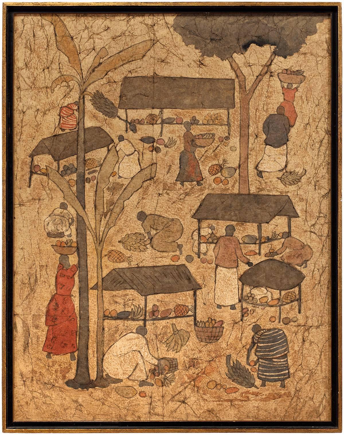 Unknown Figurative Painting - Asian Market Mixed Media Painting