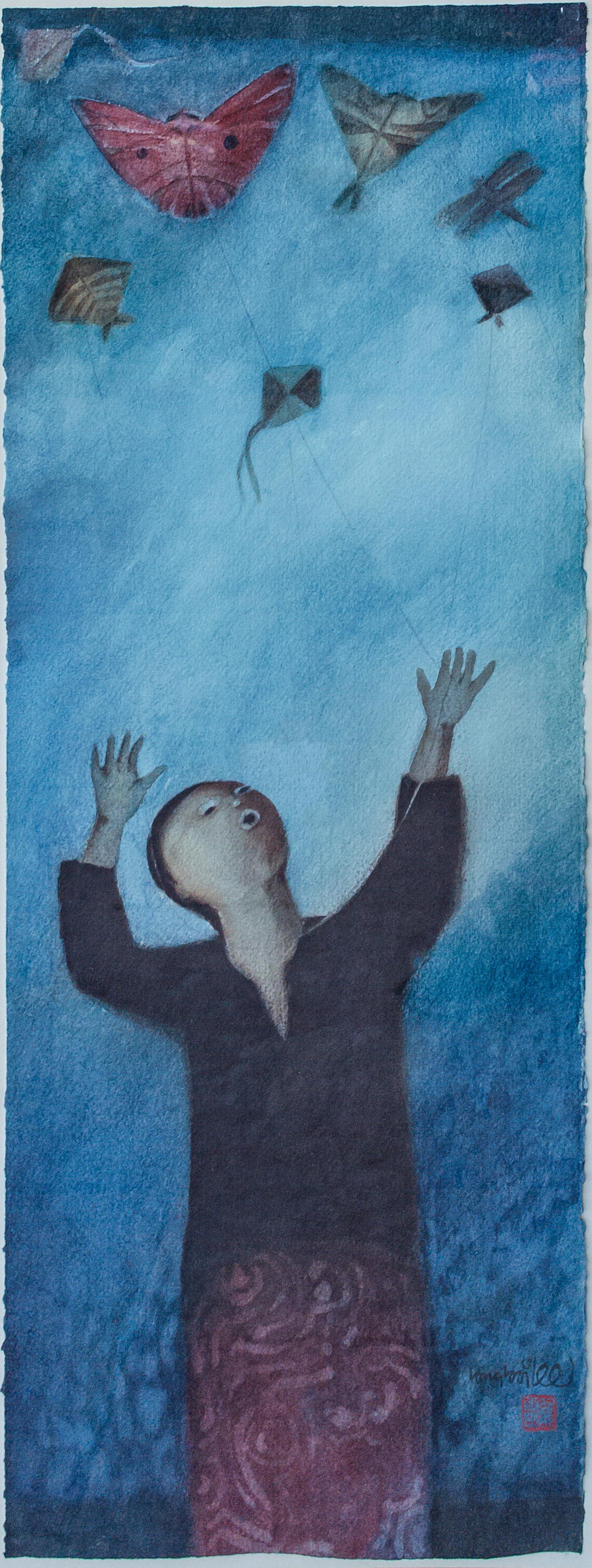 Aquarelle asiatique avec cerfs-volants et papillons par un artiste mystère - Painting de Unknown