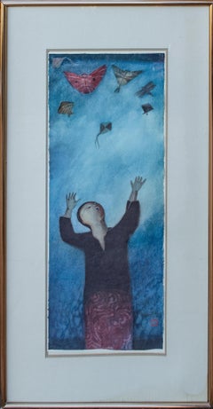 Aquarelle asiatique avec cerfs-volants et papillons par un artiste mystère