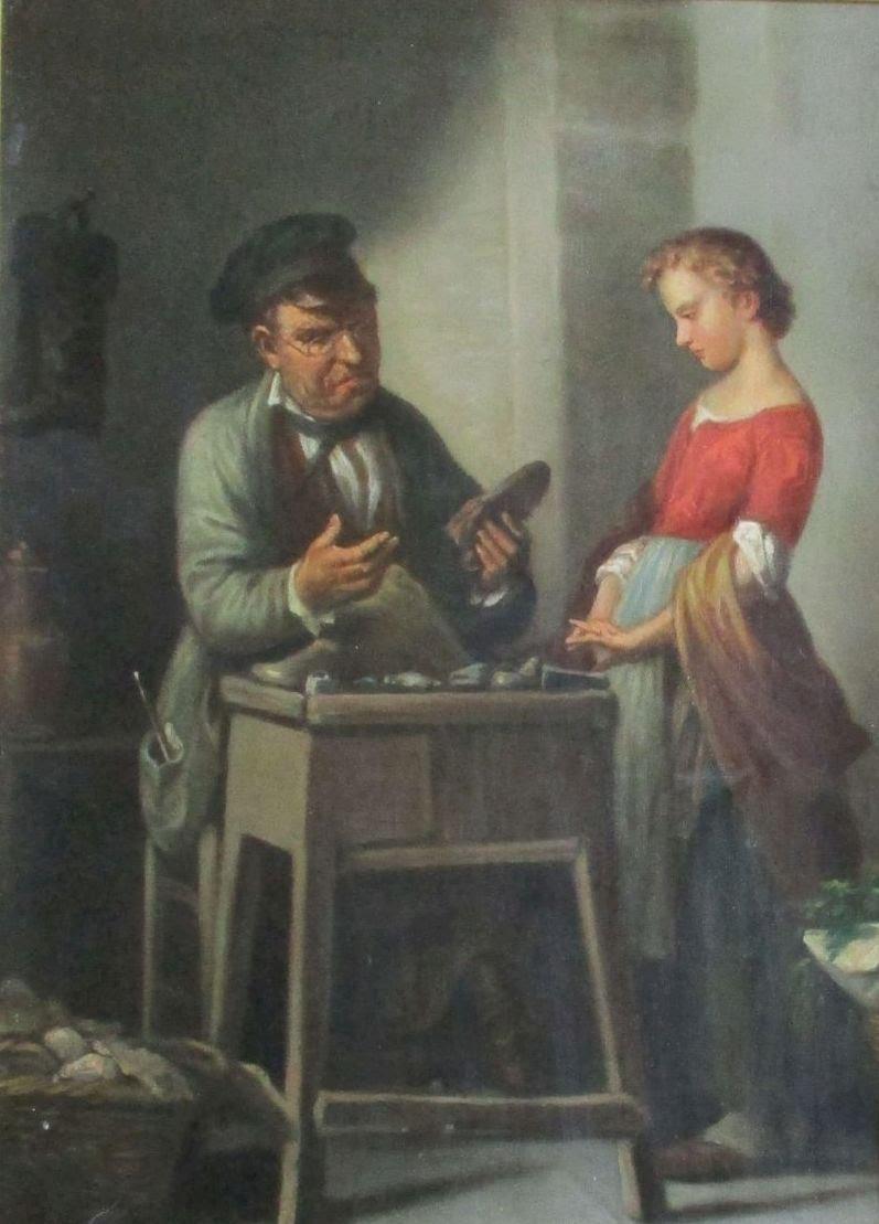 Unknown Figurative Painting - At the Cobblers': German Biedermeier oil