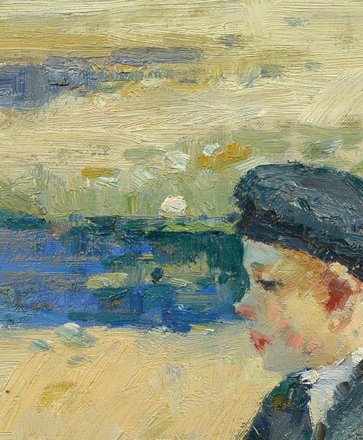 At the Seashore, European School, Mid-20th Century, Child Seated at Beach - Impressionist Painting by Unknown