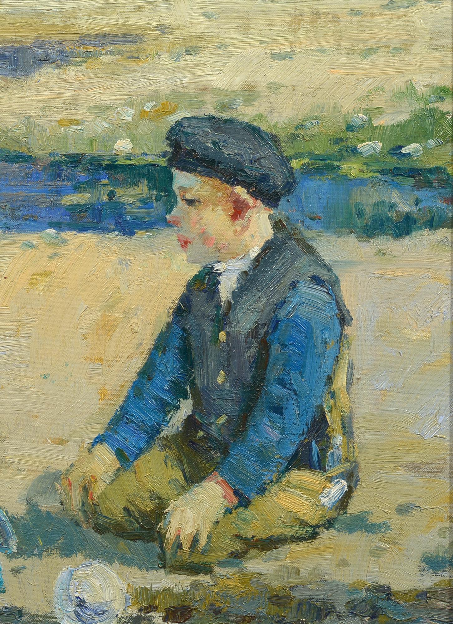 Unknown Landscape Painting – At Seashore, Europäische Schule, Mitte des 20. Jahrhunderts, Kind am Strand sitzend, Kind sitzend