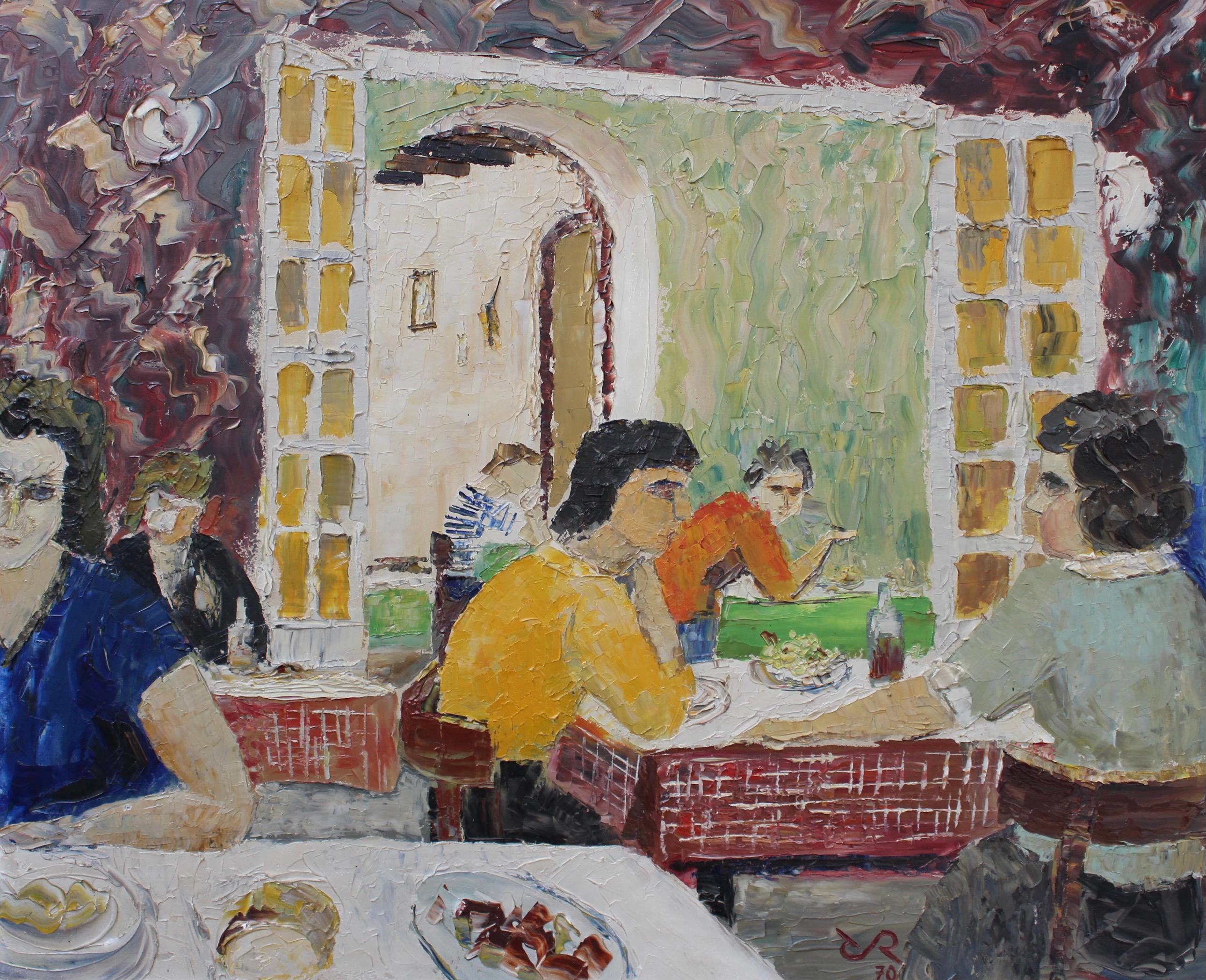 At the Table in a French Restaurant - Modern Painting by Unknown