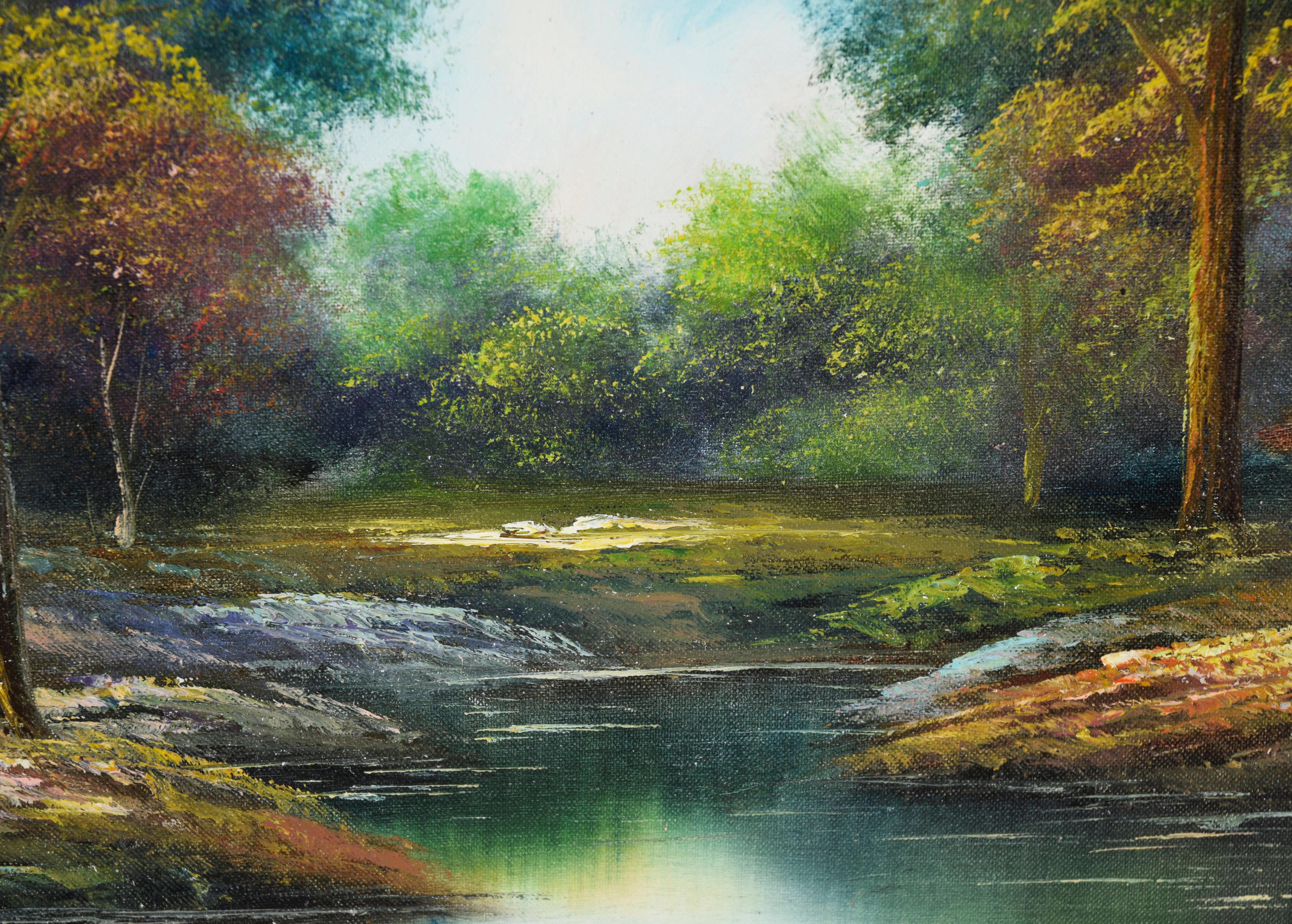 At The Waters Edge - Olio originale su tela - Landscape Painting Marrone di Unknown