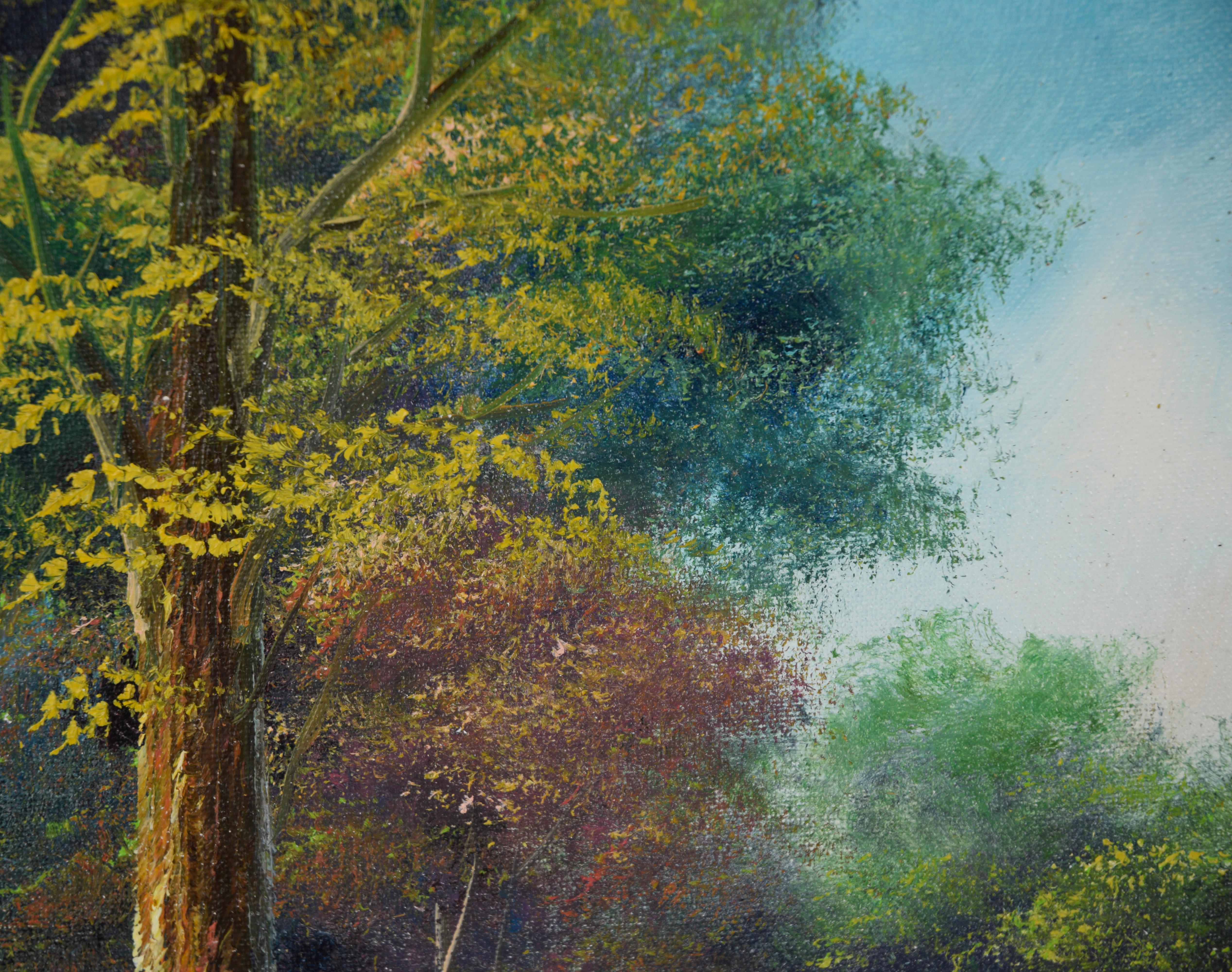 At The Waters Edge - Olio originale su tela

Paesaggio originale dipinto a olio che ritrae la riva di un mare calmo, circondato da alberi in fiore. Alcuni alberi colorati di verde e arancione circondano la riva, con un paesaggio lussureggiante che