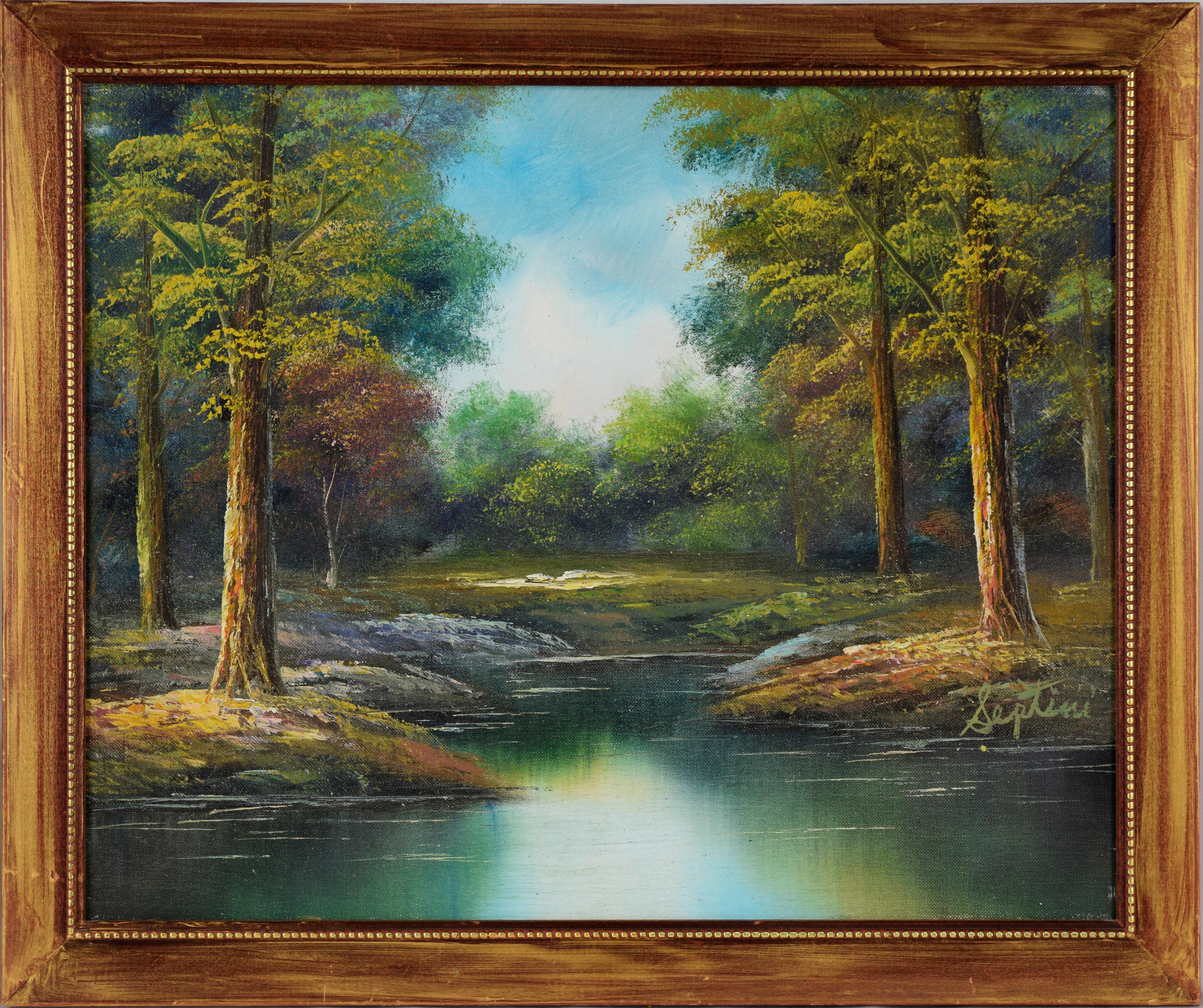 Landscape Painting di Unknown - At The Waters Edge - Olio originale su tela