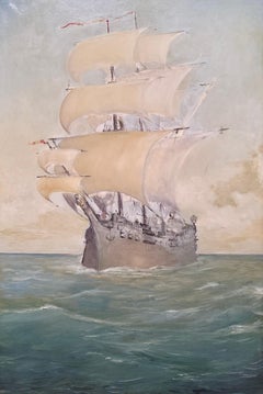Atmospheric 1920s Sailing Ship Painting, Nautical Scene, Clipper at Sea