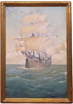 Atmospheric 1920s Sailing Ship Painting, Nautical Scene, Clipper at Sea
