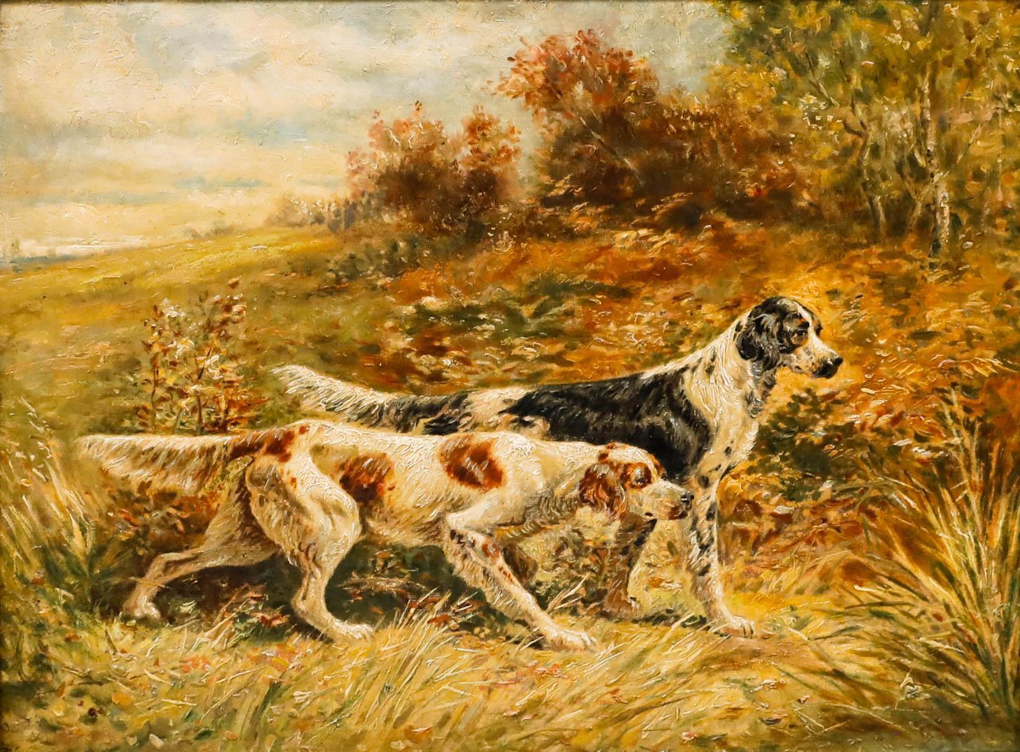 Attribut. A. Jules - Gerahmtes Öl aus dem frühen 20. Jahrhundert, Sportliche Hunde in einer Landschaft – Painting von Unknown