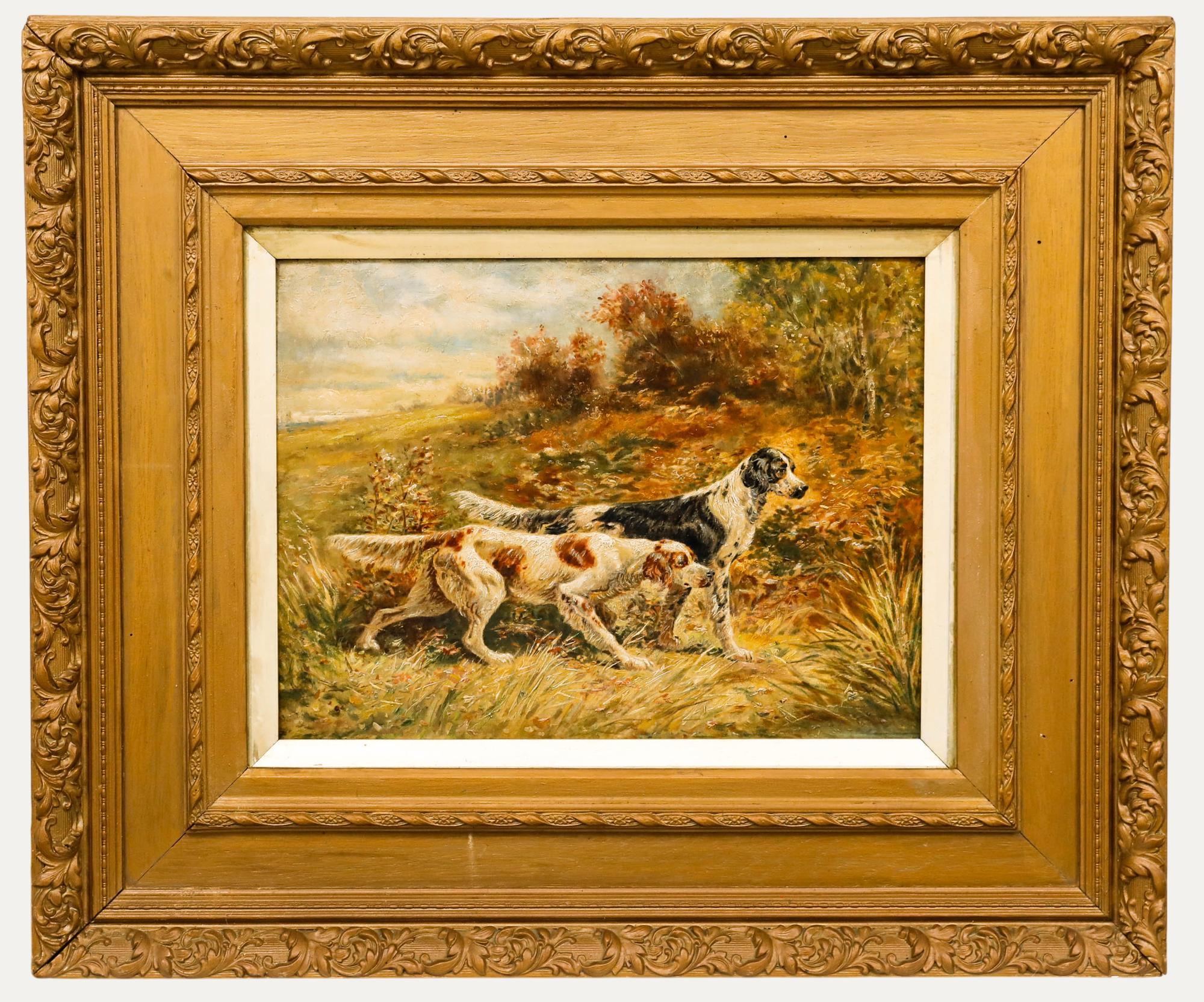 Unknown Animal Painting – Attribut. A. Jules - Gerahmtes Öl aus dem frühen 20. Jahrhundert, Sportliche Hunde in einer Landschaft