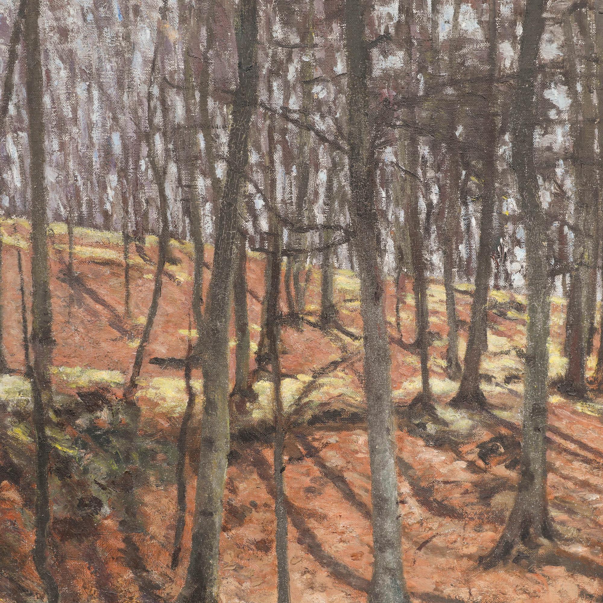 Diese reizvolle Landschaft aus dem frühen 20. Jahrhundert fängt die skelettartige Schönheit eines Buchenwaldes im Frühling ein. Der Künstler verwendet ein leuchtendes Grün, um das aufkommende Laub auf dem Waldboden widerzuspiegeln. Nicht signiert.