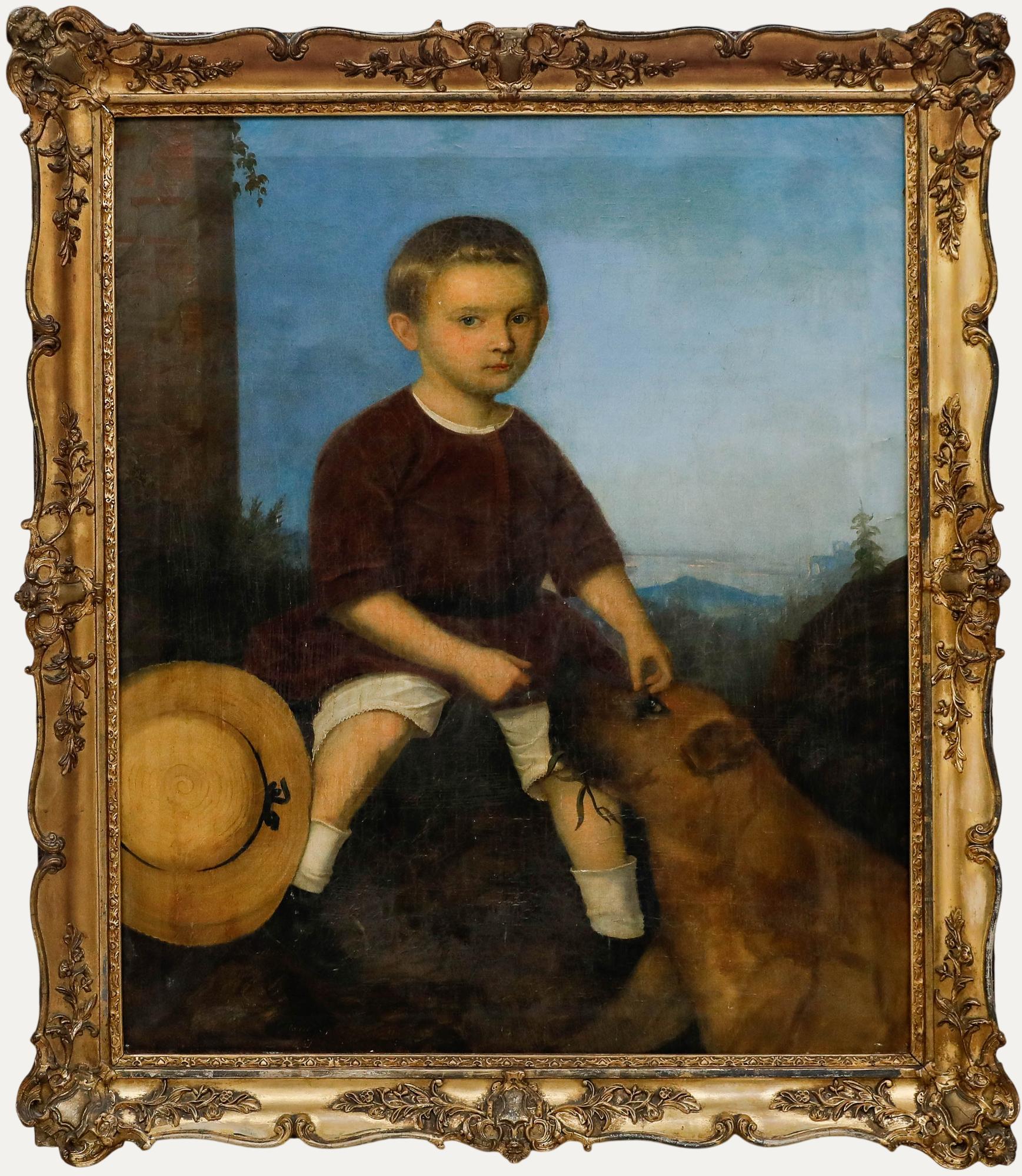 Unknown Portrait Painting – Attribut. Franz Xaver Mandl - 19. Jahrhundert Öl, Junge und sein treuer Gefährte
