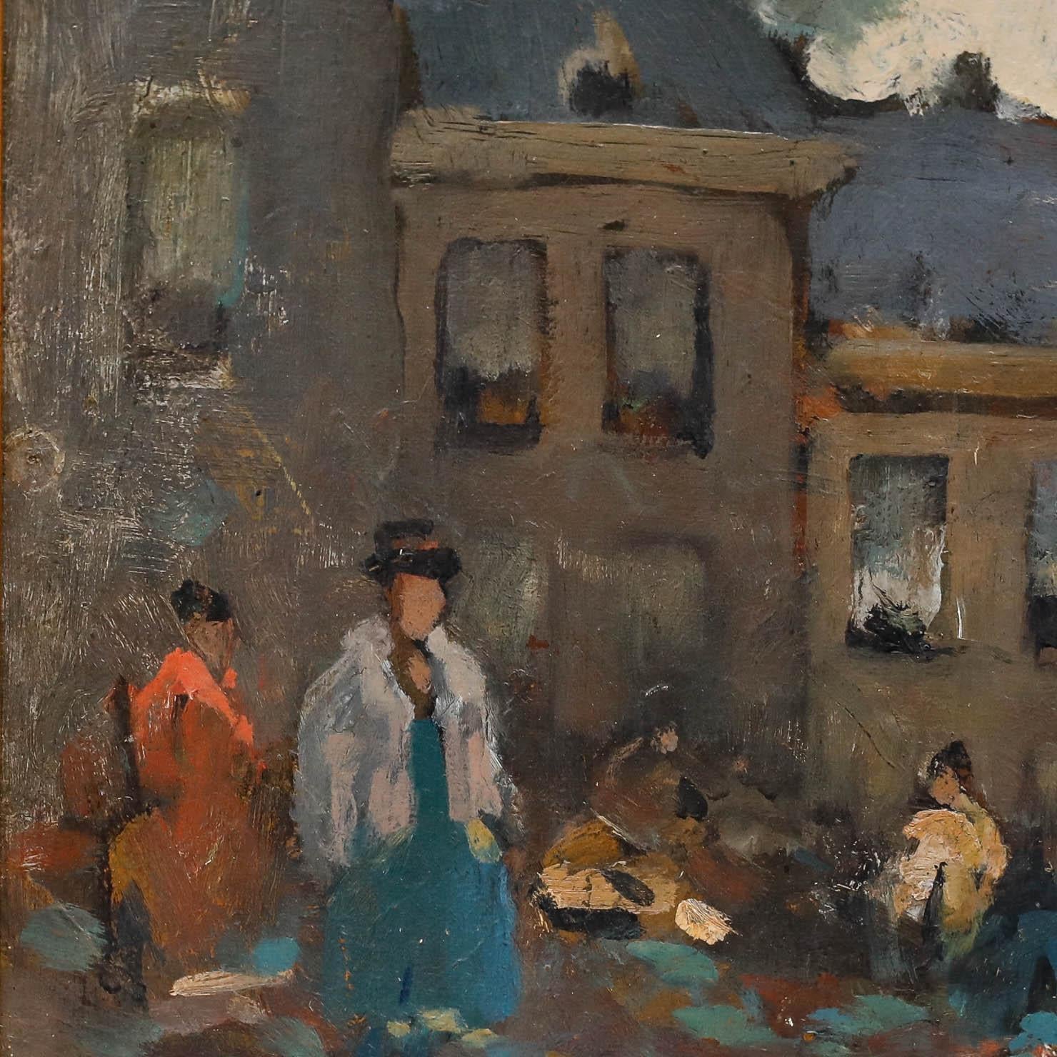 Un groupe de personnages se tient sur un fond de ville, rendu avec un coup de pinceau lâche et impressionniste. Bien présent�é dans un cadre à effet doré. Non signée. Attribution au verso de la planche. Sur panneau de toile. Taille de l'image : 30 x