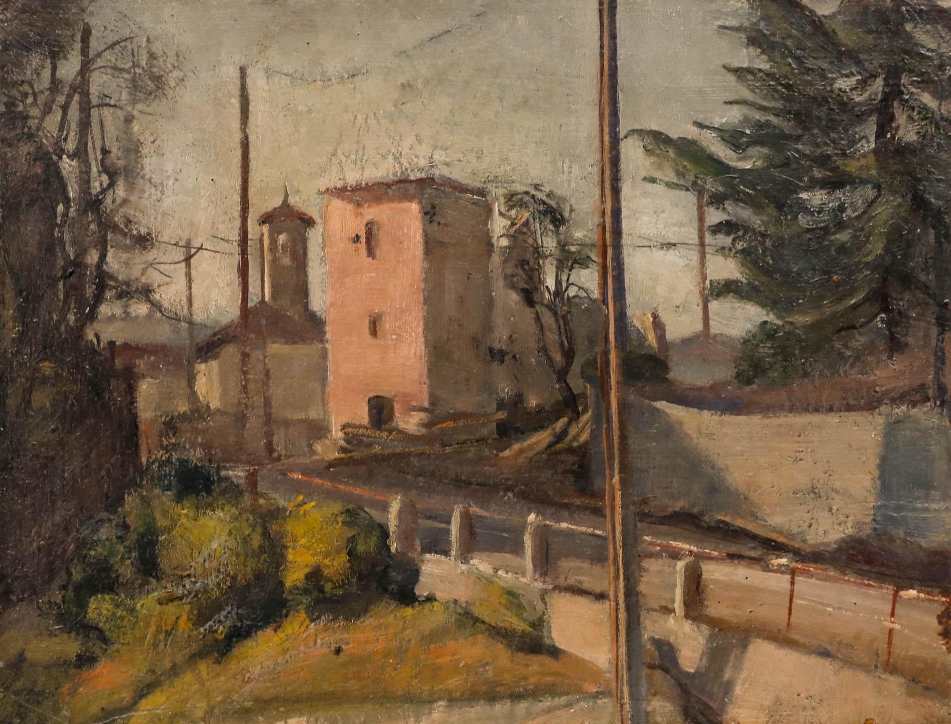 Attribué. Gioachimo Galbusera (1871-1942) - Huile, village italien au crépuscule - Painting de Unknown