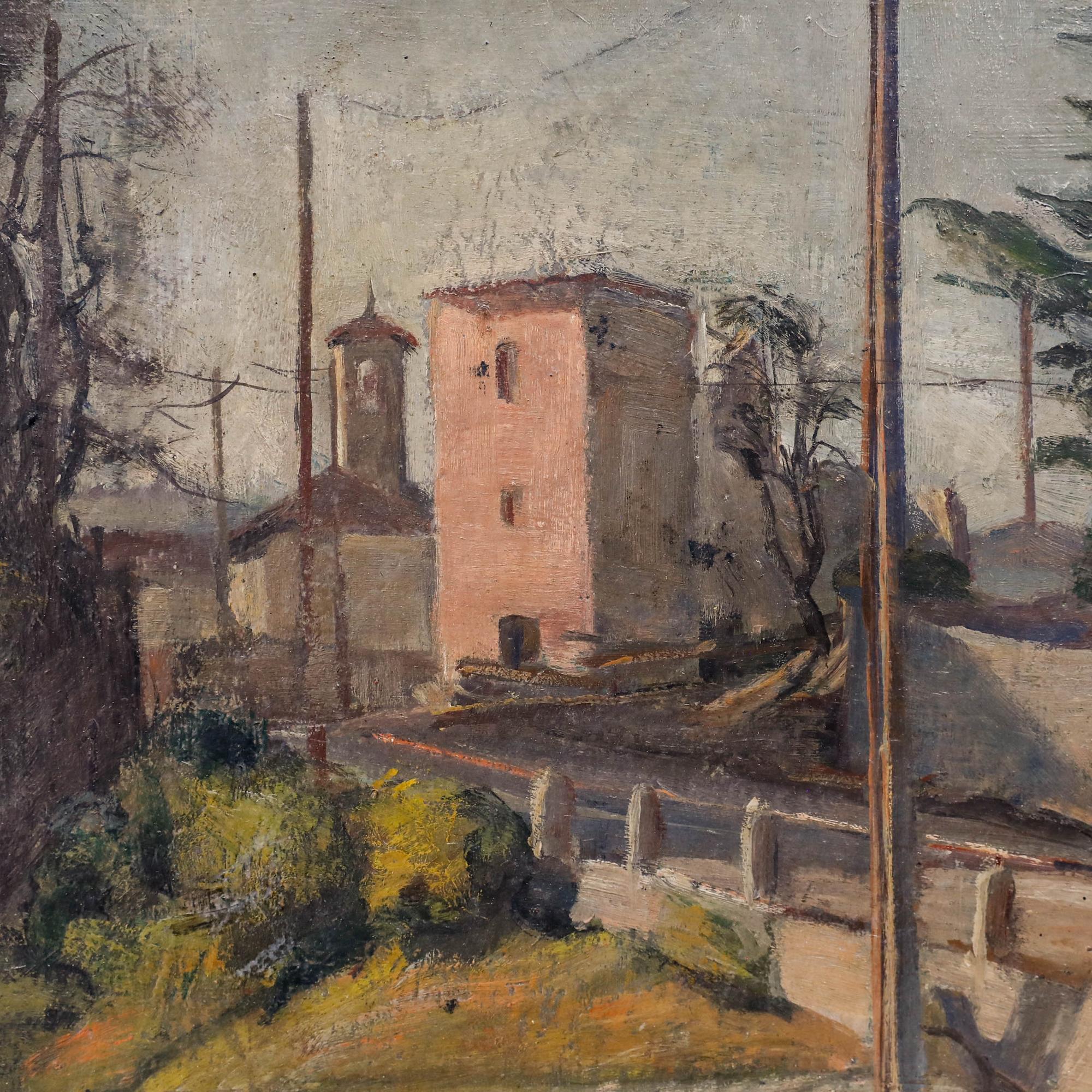 Impressionniste, huile sur panneau. Attribué au peintre italien Gioachimo Galbusera (1871-1942). Scène de paysage atmosphérique représentant un village rural avec des bâtiments en terre cuite bien visibles et une église nichée au milieu d'arbres et