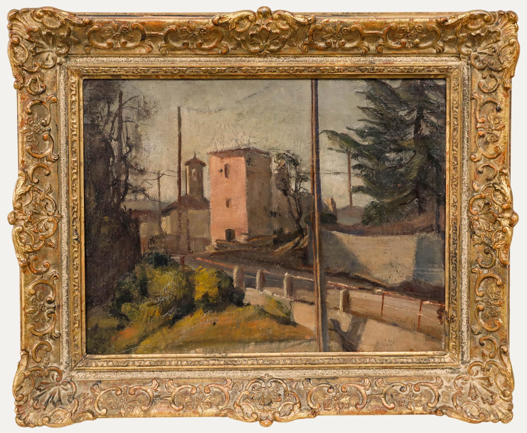 Attribué. Gioachimo Galbusera (1871-1942) - Huile, village italien au crépuscule