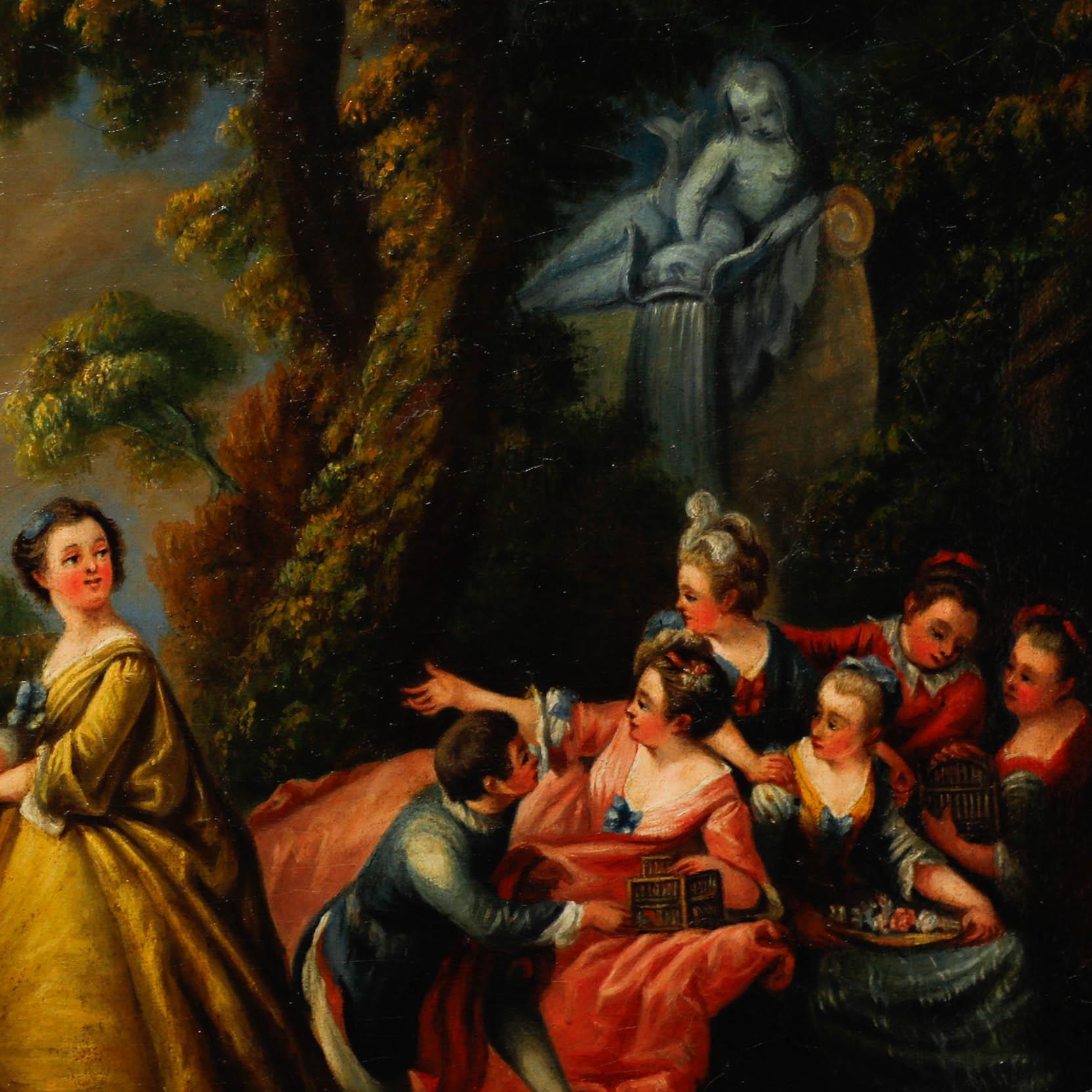 A charming scene depicting an 18th-century French garden party with men and women frolicking in a luxurious landscape. The scene takes inspiration from a similar composition by 18th-century artist Jean-Baptiste Pater. Unsigned. Presented in a gilt