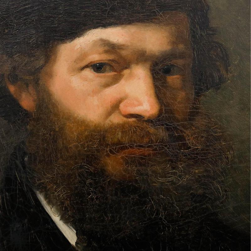 Fein ausgearbeitetes Porträt eines bärtigen Herrn in formellem Anzug und Hut vor einem dunklen, stimmungsvollen Hintergrund. Das Werk ist mit außergewöhnlicher Liebe zum Detail gestaltet, vor allem bei der Behandlung des Bartes, wo der Künstler