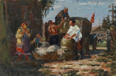 Attrib. Ivan Aleksandrovich Koslov (b.1920) - 1956 Oil, Gathering Potatoes