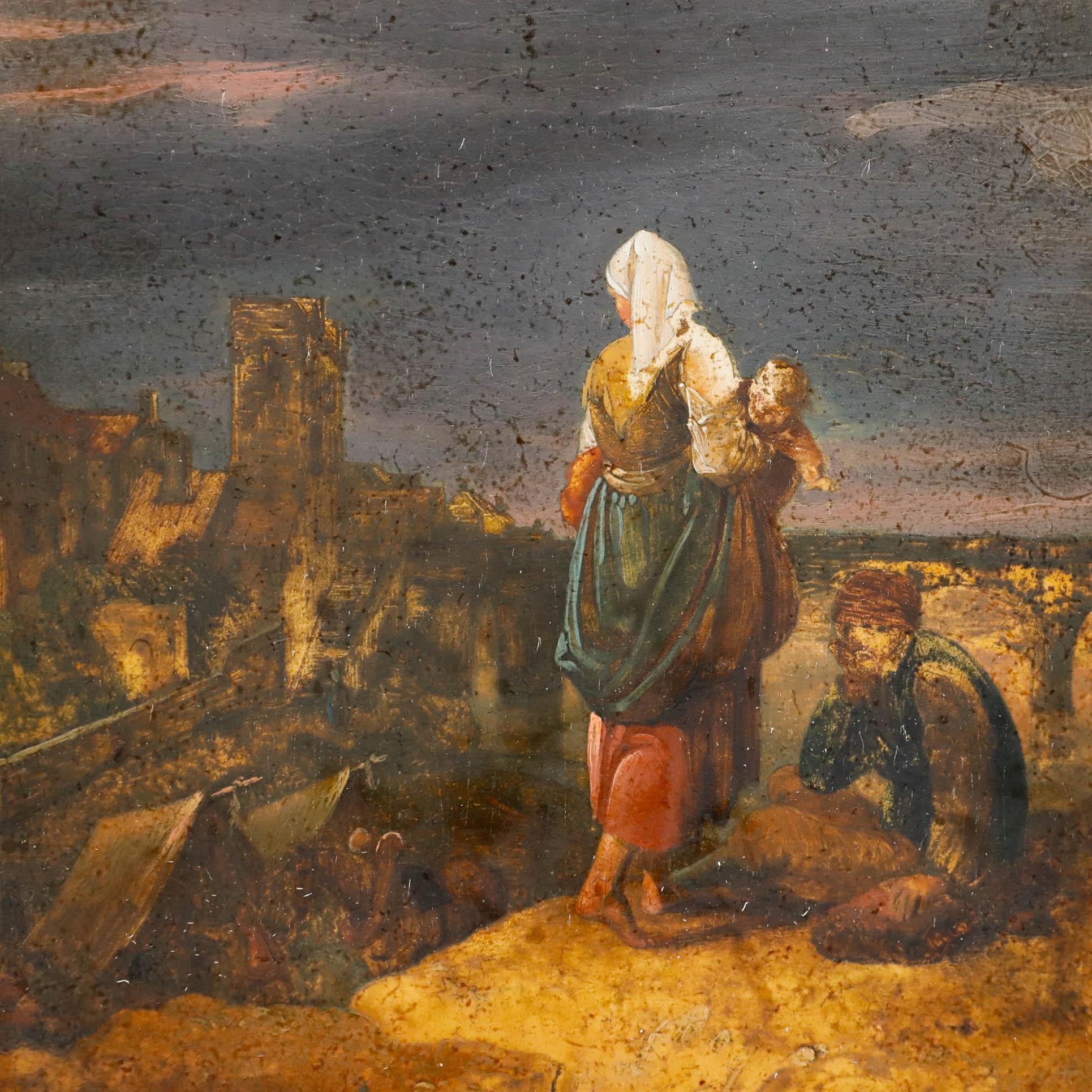 Dieses schöne Ölgemälde zeigt Figuren in einer Landschaft mit einer entfernten Stadt im Tal darunter. Sie sind in warmen Erdtönen gehalten, die an das goldene Licht des späten Nachmittags oder frühen Abends erinnern. Die Komposition zeigt Menschen