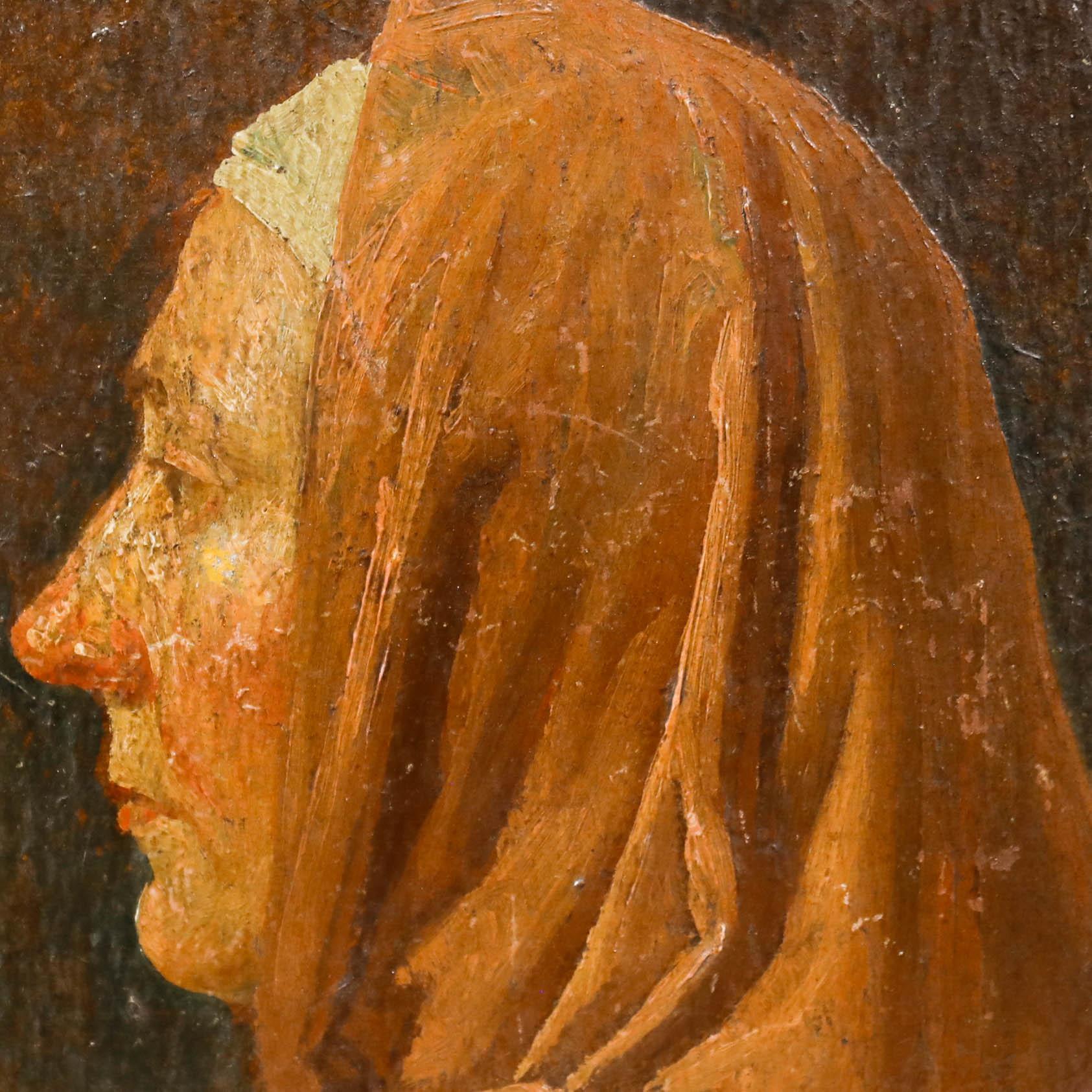 Ein Porträt einer Frau mit Schal aus dem späten 19. Jahrhundert, das Jan Dunselman (1863-1931) zugeschrieben wird. Das Werk ist unsigniert. Präsentiert in einem dekorativen Rahmen mit Goldprägung und der späteren Aufschrift 
