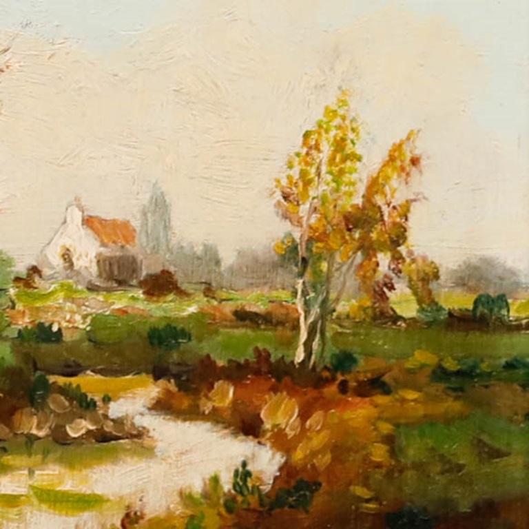 Attribut. Johan Meyer (1885-1970) – ca. 1965 Ölgemälde, Kirche am Fluss des Flusses (Braun), Landscape Painting, von Unknown