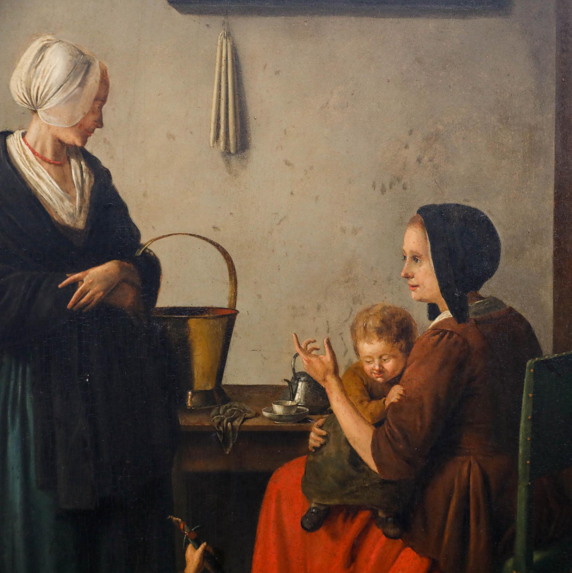 Esta íntima escena de interior holandesa del Siglo de Oro representa un momento doméstico entre dos madres que cuidan de sus hijos pequeños. La composición emplea una iluminación de claroscuro característica que ilumina las figuras contra el