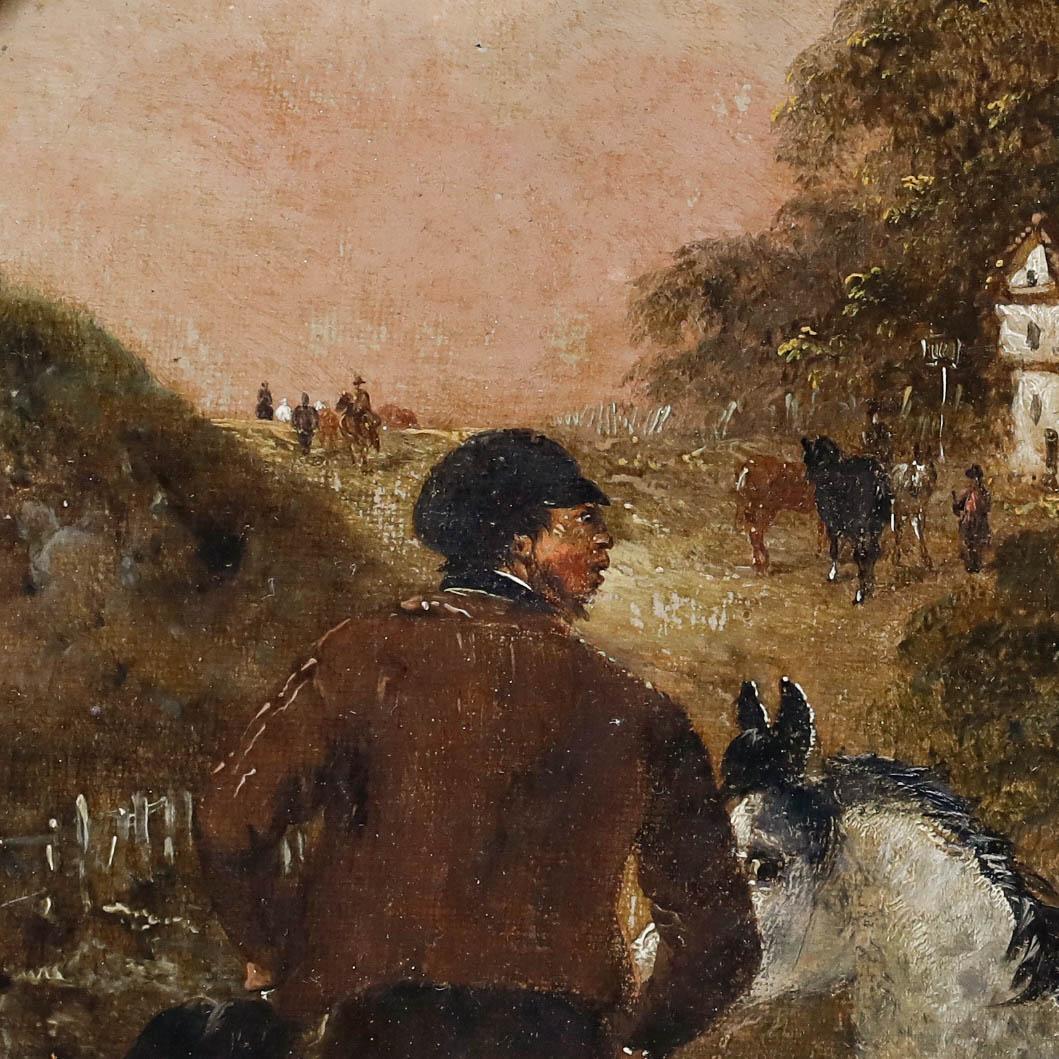 Pregevole olio su tela in tondo del XIX secolo, attribuito al maestro della pittura equina John F. Herring Senior (1795-1865). Il dipinto raffigura uno stalliere a cavallo che fa esercitare un piccolo gruppo di cavalli. Sullo sfondo si vedono
